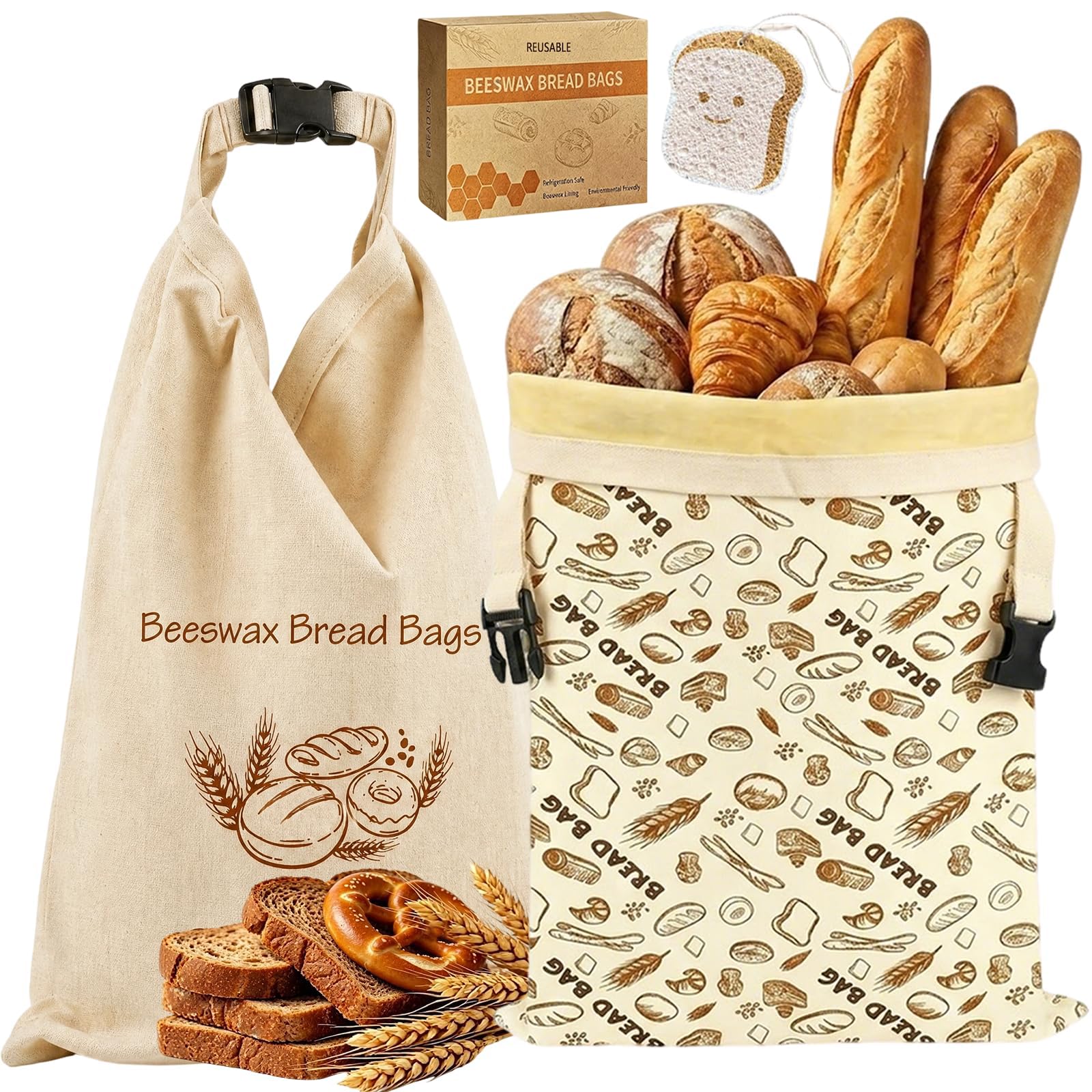 Bienenwachs Brotbeutel 2er Set XL 43x33cm,Wiederverwendbarer Brotsack zum Frischhalten-Leinen mit herausnehmbarem -Inliner für Sauerteig-Nachhaltige