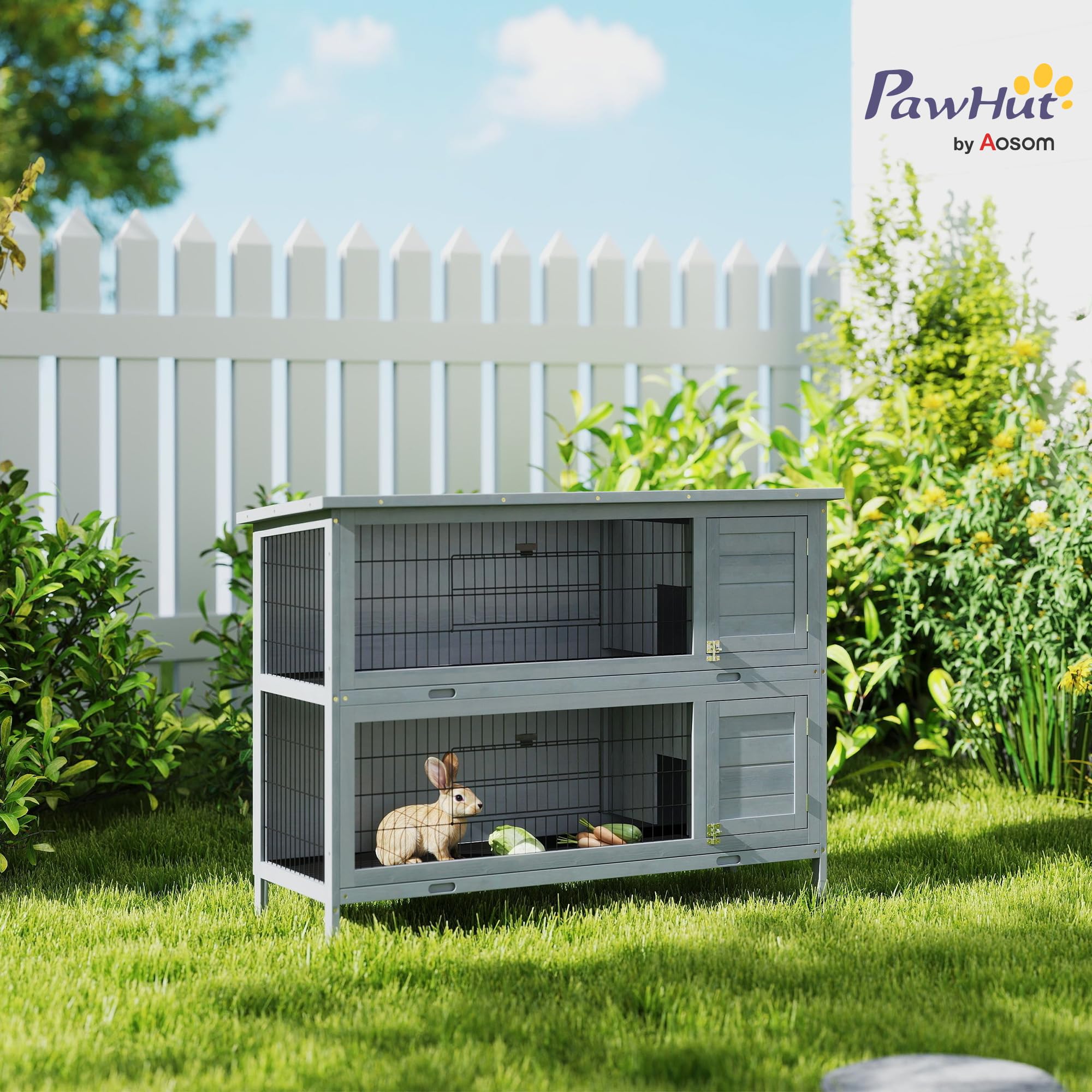 PawHut Clapier en bois à 2 étages Toit en asphalte Bac de fond 136,4 x 50 x 93 cm Résistant à l'hiver Clapier pour petits animaux avec portes Cage à lapins pour petits animaux Lapins Intérieur