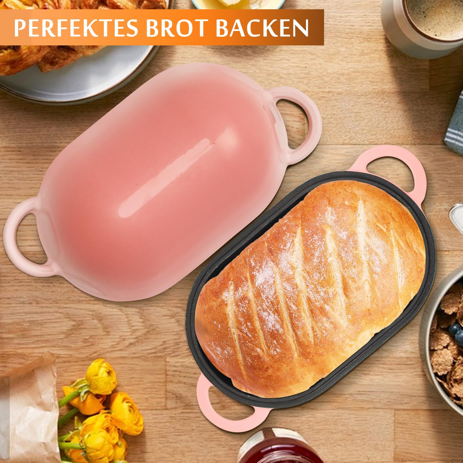 Gusseisen Brotbackform mit Deckel, 23 cm Emaille Gusseisen Topf Brot Backen, Bräter mit Deckel 2,75 L, Idealer Brottopf, Brotbacktopf, Backofengeeignet (Farbverlauf Rosa)
