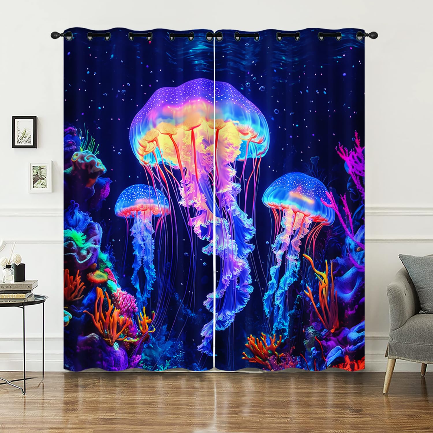 AILONEN Jellyfish Window Curtain,Coral Jellyfish Print Window Treatments Drapes for Kids Teens,Ocean Animal Print Drapes Curtains for Bedroom Living Room, 52