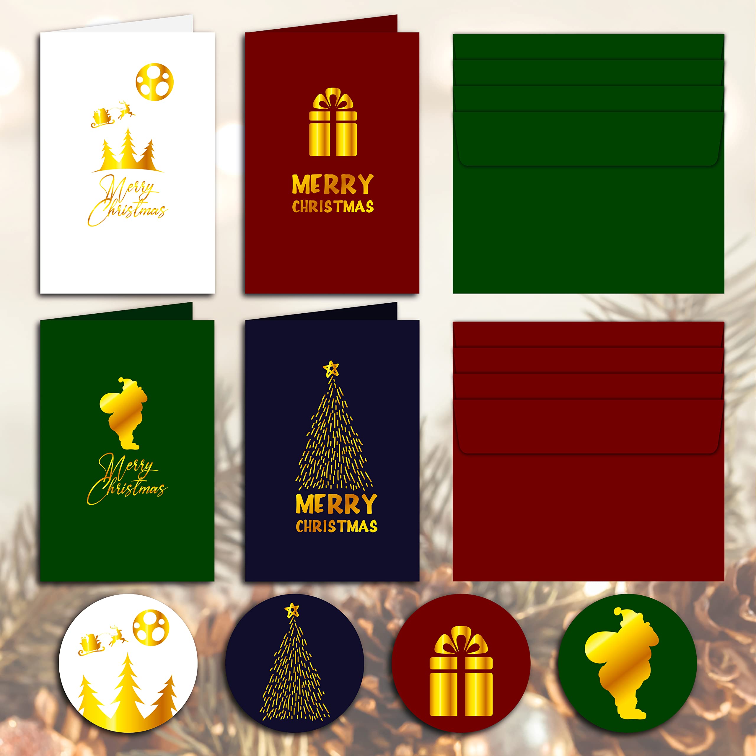 NIMU12 Pack Premium Christmas Greeting Cards with Gold Coloured Theme in 4 Different Unique Designs with 12pcs Envelopes and 12pcs stickers, Christmas Decoration, Party Favors, Multi-pack