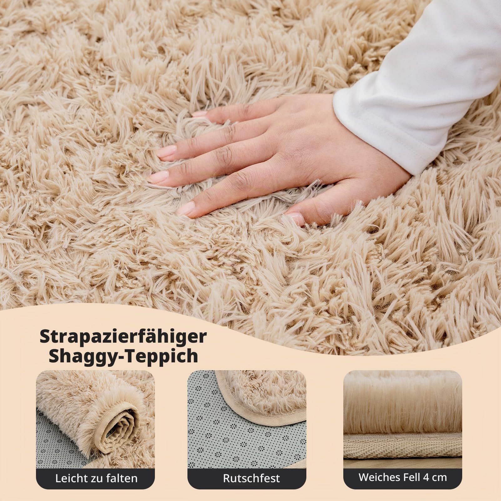 OMERAI Beige Waschbar Teppich Wohnzimmer - Hochflor Flauschig Carpet | 150X240CM Teppich Fellteppich Kunstfell Wohnzimmer Kinderzimmer Anti-Rutsch Unterseite Shaggy Weich Teppiche