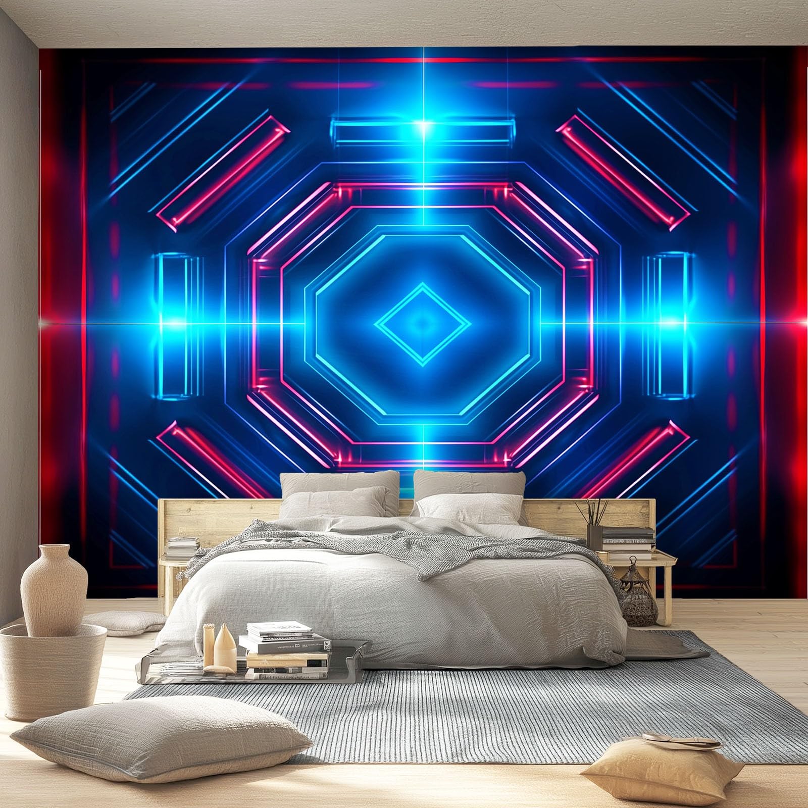 Tapeta 3D włóknina abstrakcyjna siatka technologiczna 350 x 256 cm tapeta dekoracja ścienna do salonu sypialni niebieski czerwony