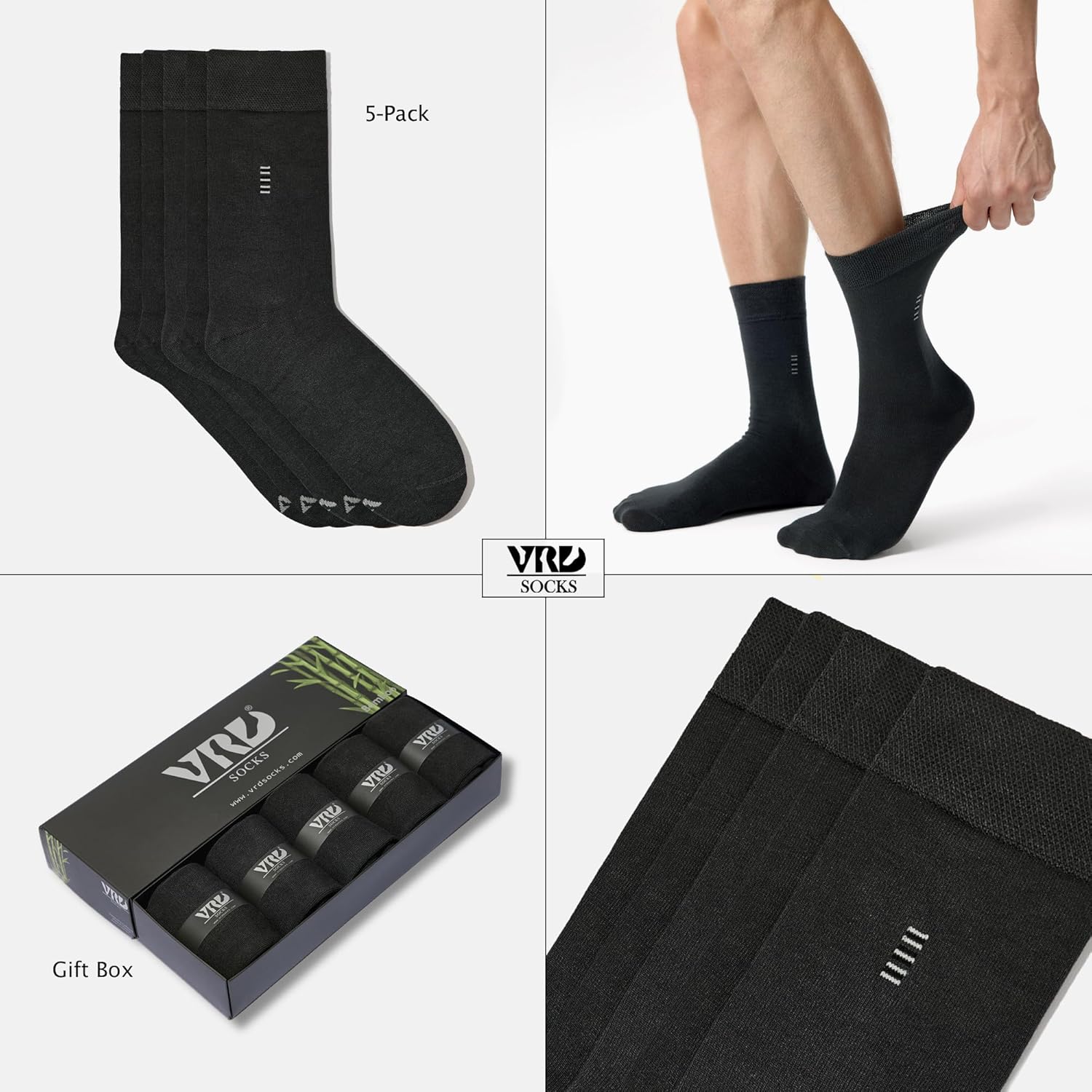 VRD Mens Dress Socks Bamboo Rayon 5-Pack Crew Socks Mid-Calf Length Fits Shoe Size 8-13 Gift Box