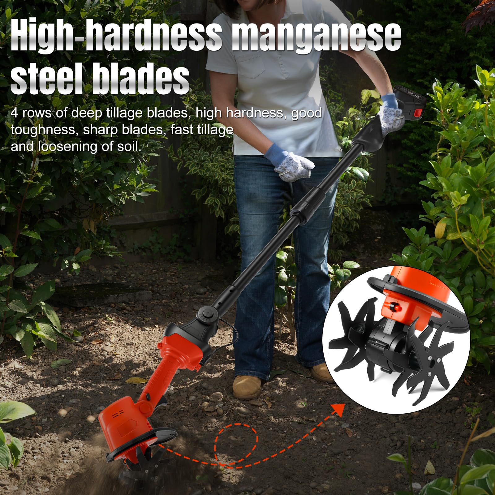 Kabelloser Hand Bodenhacke kompatibel mit Makita 18V Akku (ohne Batterie), 550W Gartenfräse mit 10cm Frästiefe und 10cm Fräsbreite, Ackerfräse (Mit 1,3m Verlängerung)
