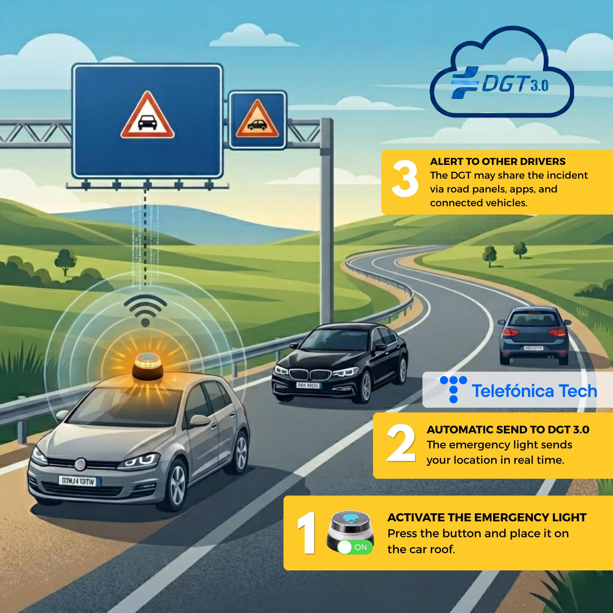 MAGIC SELECT 2x Luz de Emergencia V16 DGT 3.0 Homologada con Geolocalización para Señalización en Carretera, Coche y Moto, Luz Intermitente Naranja 360º, Base Imantada, Incluye 6 Pilas AA.
