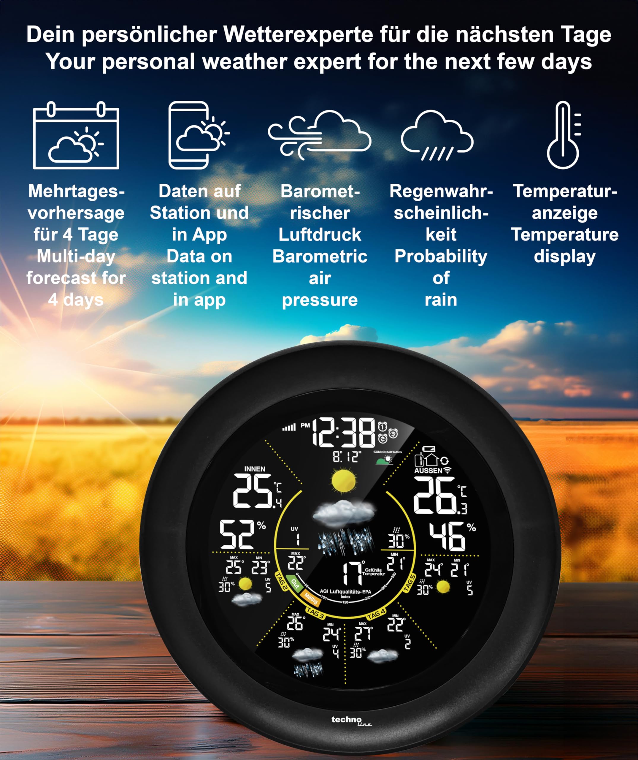 techno line WD 3040 WLAN Wetterstation mit Außensensor | 5-Tage-Wettervorhersage | Farbdisplay | Innen-/Außentemperatur | Luftfeuchtigkeit | UV-Index | AQI Luftqualität | App-Steuerung