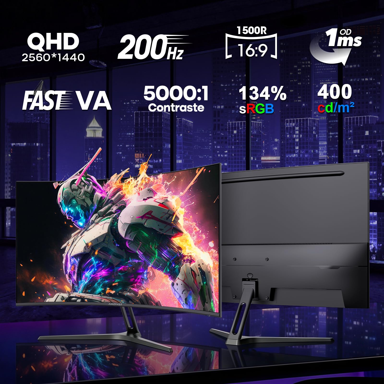 Amzfast Écran PC Gaming 27 Pouces Incurvé, 2K QHD(2560 x 1440), 200Hz Moniteur, 1ms MPRT, 1500R, sRGB 134%, Adpative Sync, HDR400, Eyes-Care,VESA 100 x 100, HDMI 2.0 x 2/DP 1.4 x 2, AMZG27C1Q - 3