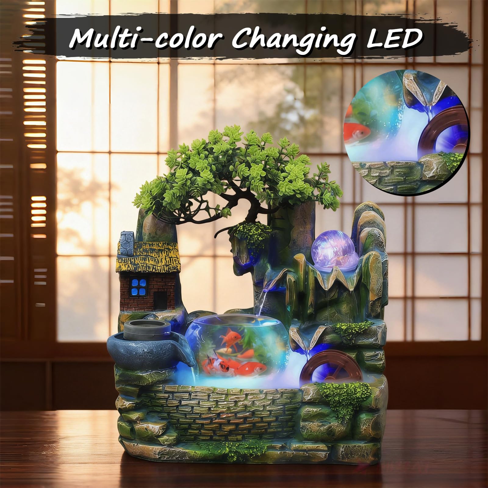 Fontaine D'intérieur, Fontaine Décorative de Table avec éclairage LED à Changement de Couleur, Roue Feng Shui et Aquarium Transparent pour Chambres, Salons et Bureaux (30 x 20 x 36 cm)