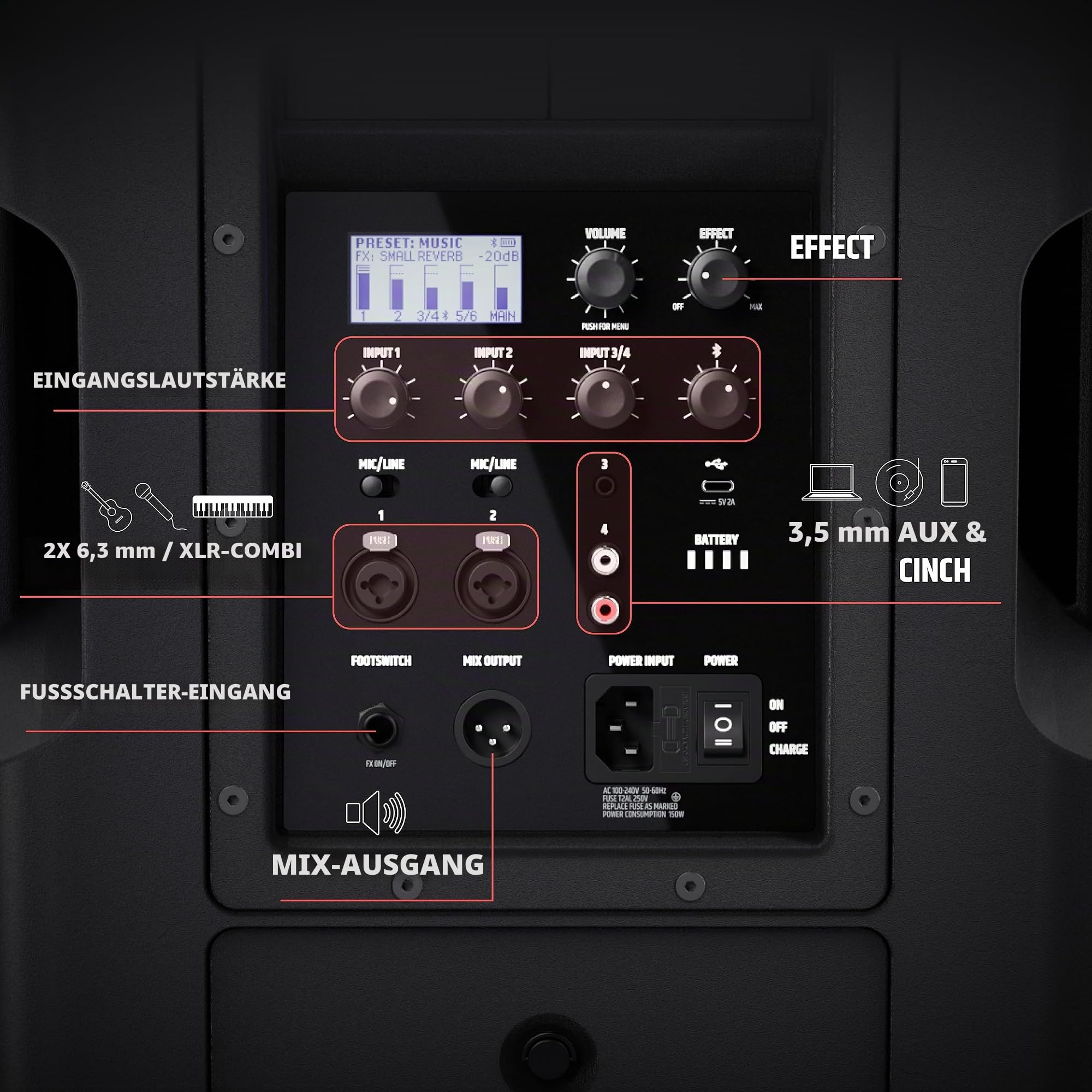 LD Systems ANNY 10 HHD Mobiler Bluetooth PA-Lautsprecher mit Akku, Mixer und 1x Funkmikrofon 823-832 MHz und 863-865 MHz, schwarz
