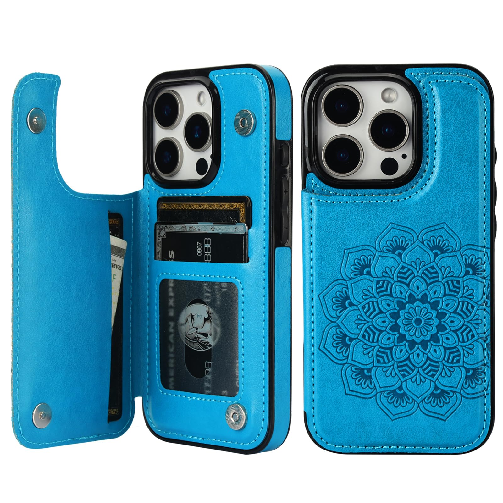 Vaburs Compatible with iPhone 16 Pro Case Wallet with Card Holder, Embossed Mandala Pattern Flower PU Leather Double Buttons Flip Shockproof Cover for