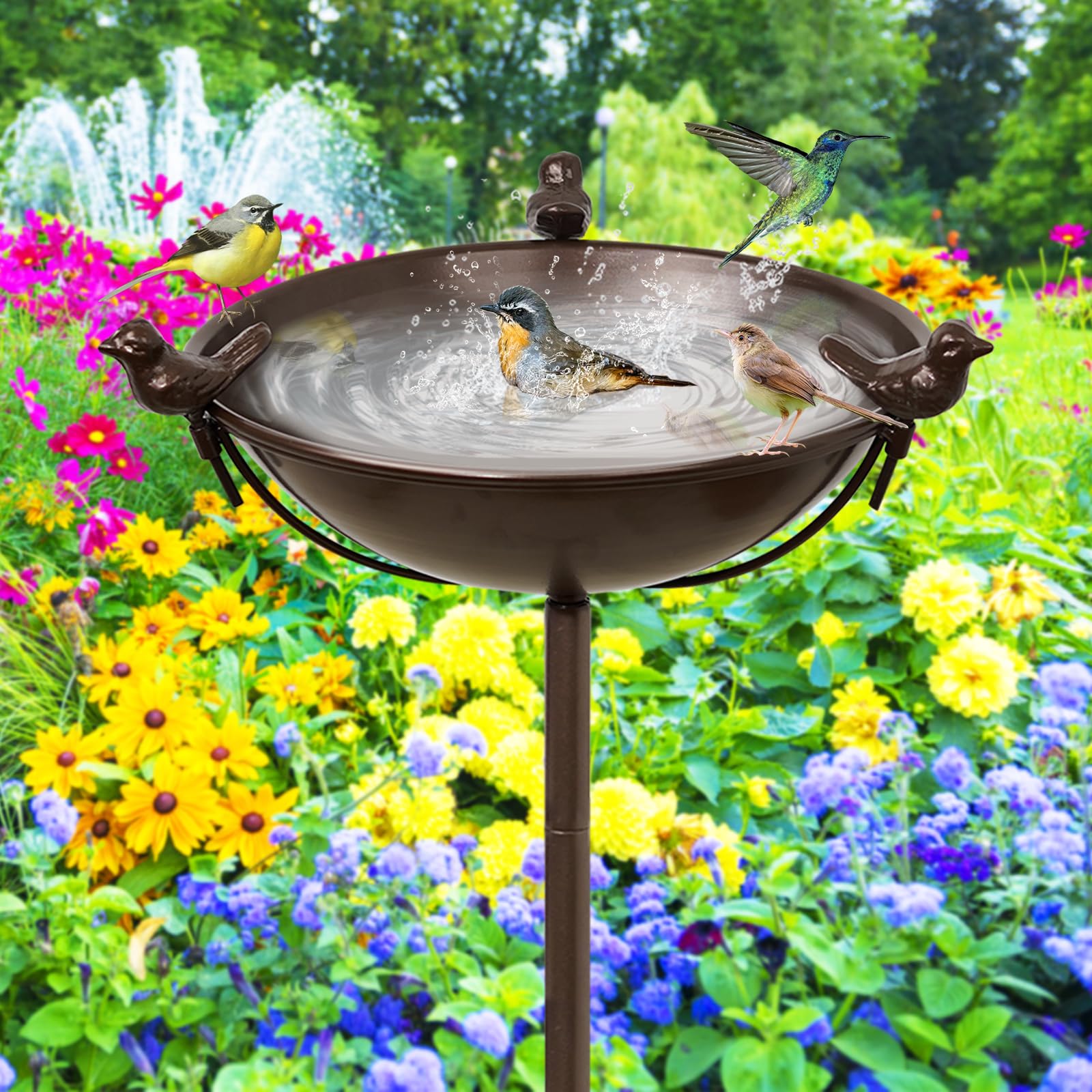 MeyRolizn Bebedero para pájaros, bebedero para pájaros, bebedero de agua, cuenco de agua, tapón marrón de hierro, cuenco con 3 estatuas de pájaros, Birdbath y Birdfeeder Garden Yard Lawn Decor
