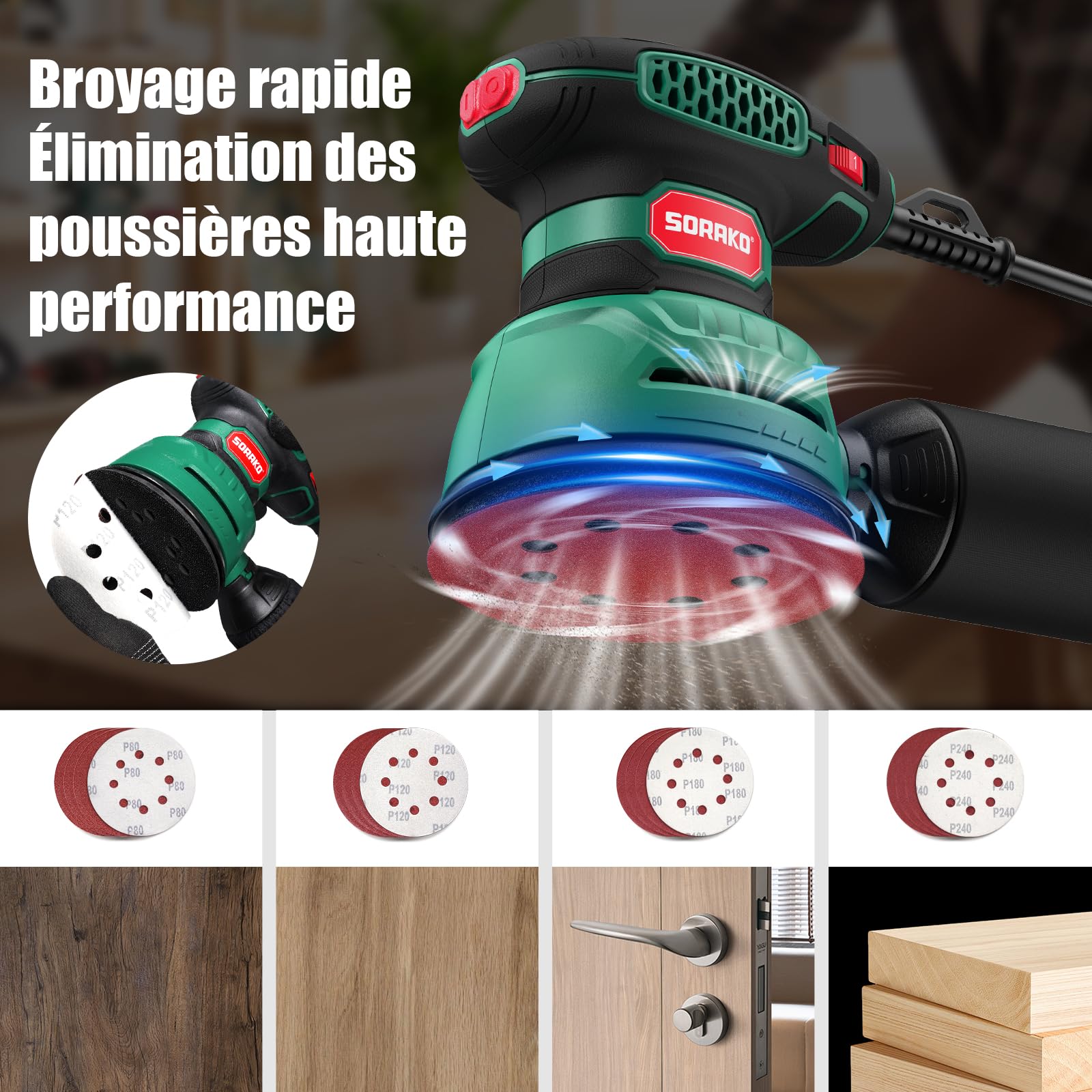 SORAKO Ponceuse excentrique 350W,125 mm,6 vitesses,16 feuilles abrasives,système d'aspiration,fonction frein rapide,Pour le bois et les projets de loisirs créatifs