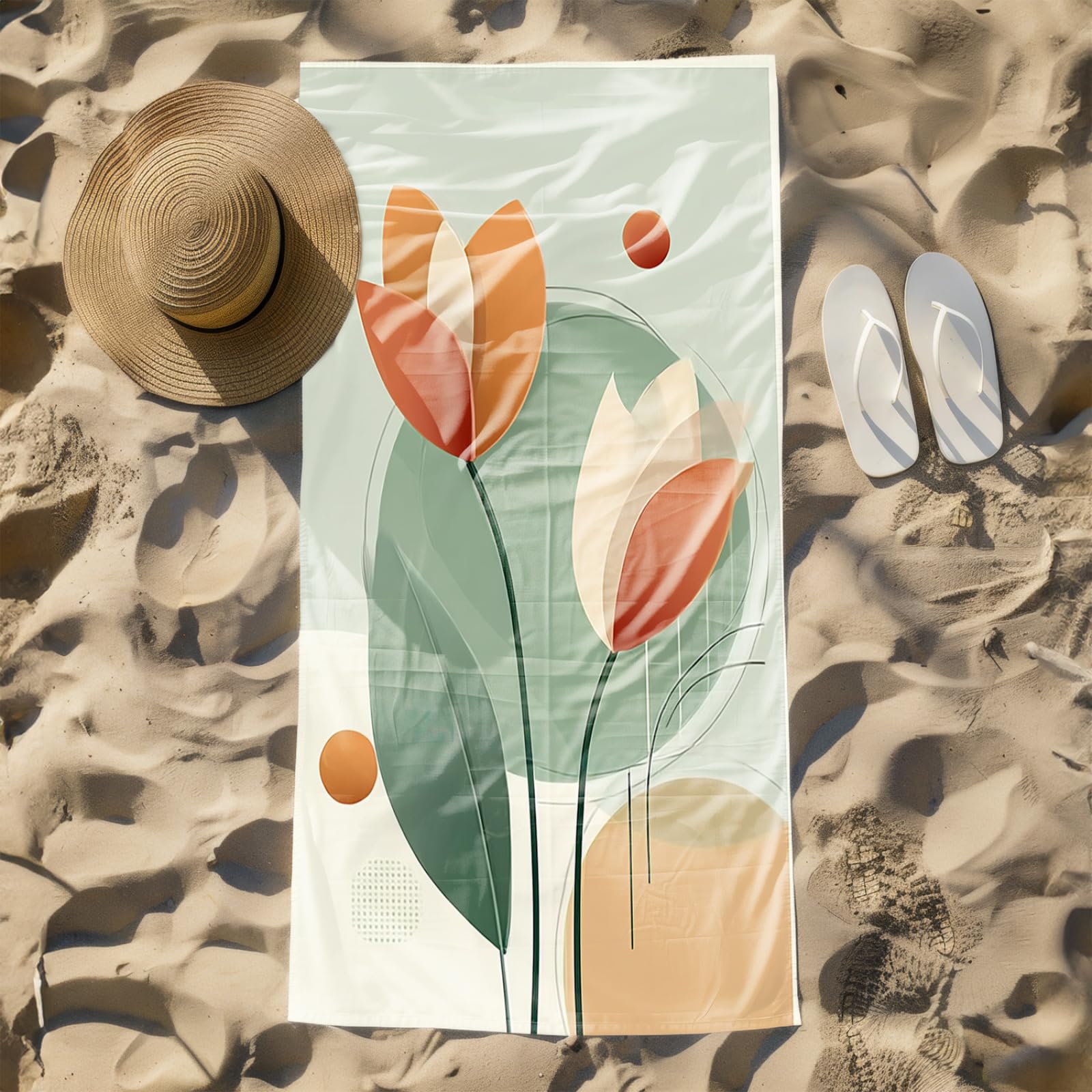 Générique Serviette Microfibre Plage Fleur Orange Ronde Vert Clair