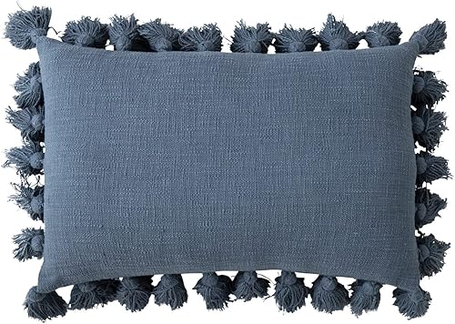 Creative Co-Op Almohada lumbar tejida de algodón con ganchillo y borlas, 24 pulgadas de largo x 16 pulgadas de ancho x 2 pulgadas de alto, azul disponible en Yaxa Venezuela