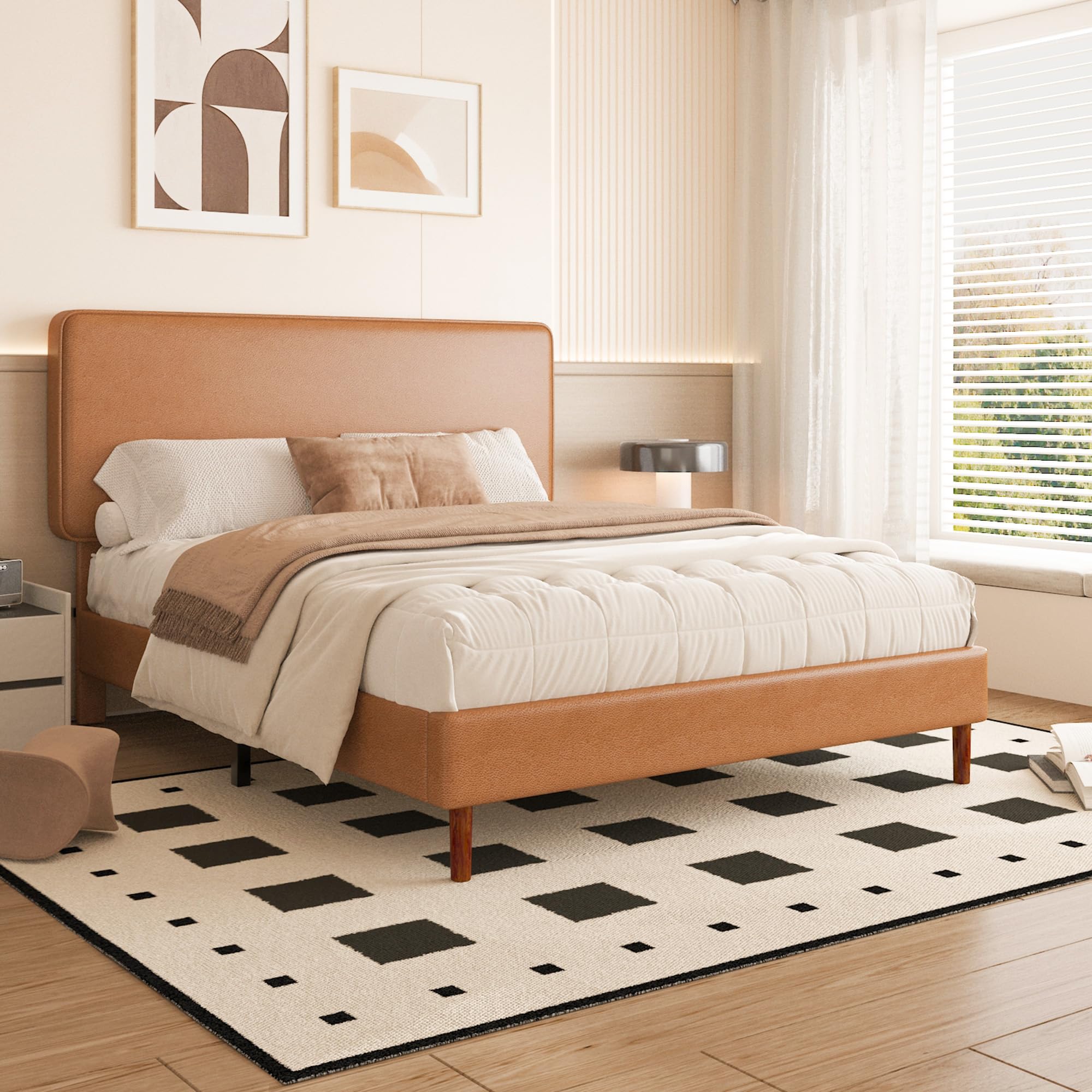 queen size leather platform bed frame with adjustable upholstered headboard, solid wooden legs, no box spring needed, easy assembly, noise free, orange-brown