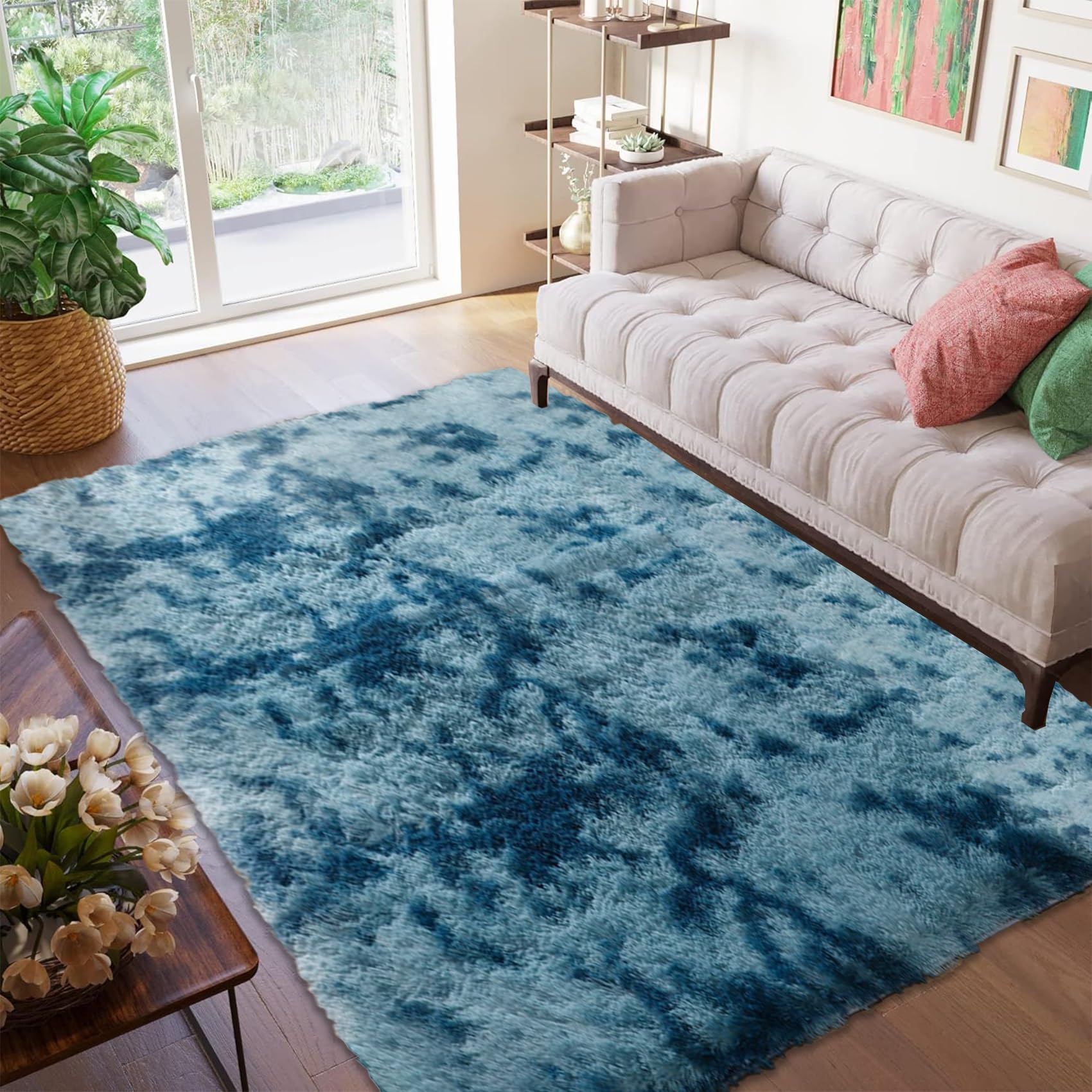Tapis moderne salon bleu pour chambre et salon cocooning