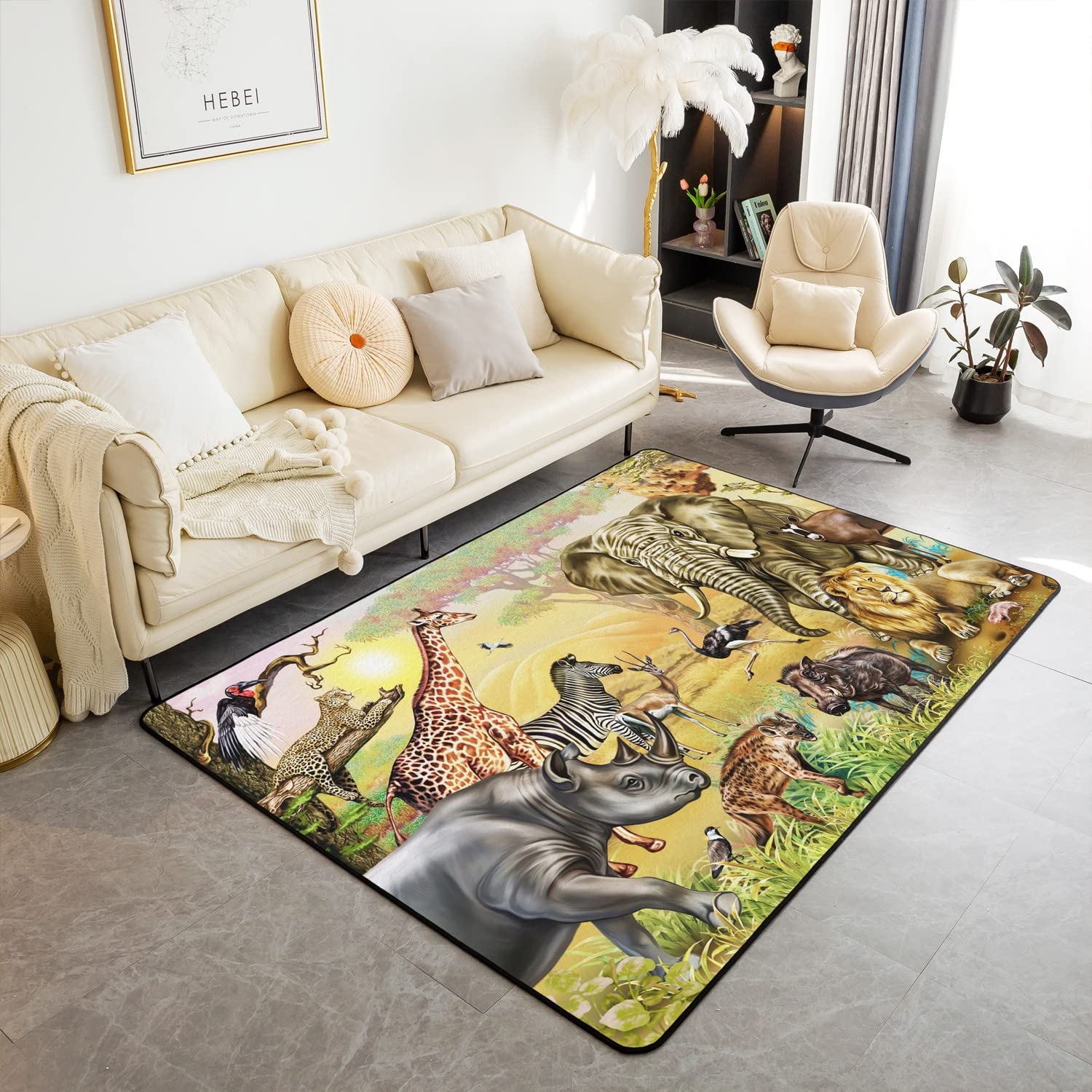 Dywanik z motywem lwa, 100 x 150 cm, słoń, zebra, żyrafa, afrykańskie zwierzęta safari, dywan dla dzieci, chłopców, dziewczynek, lampart nosorożec, dzika przyroda, zachód słońca, antypoślizgowy dywan