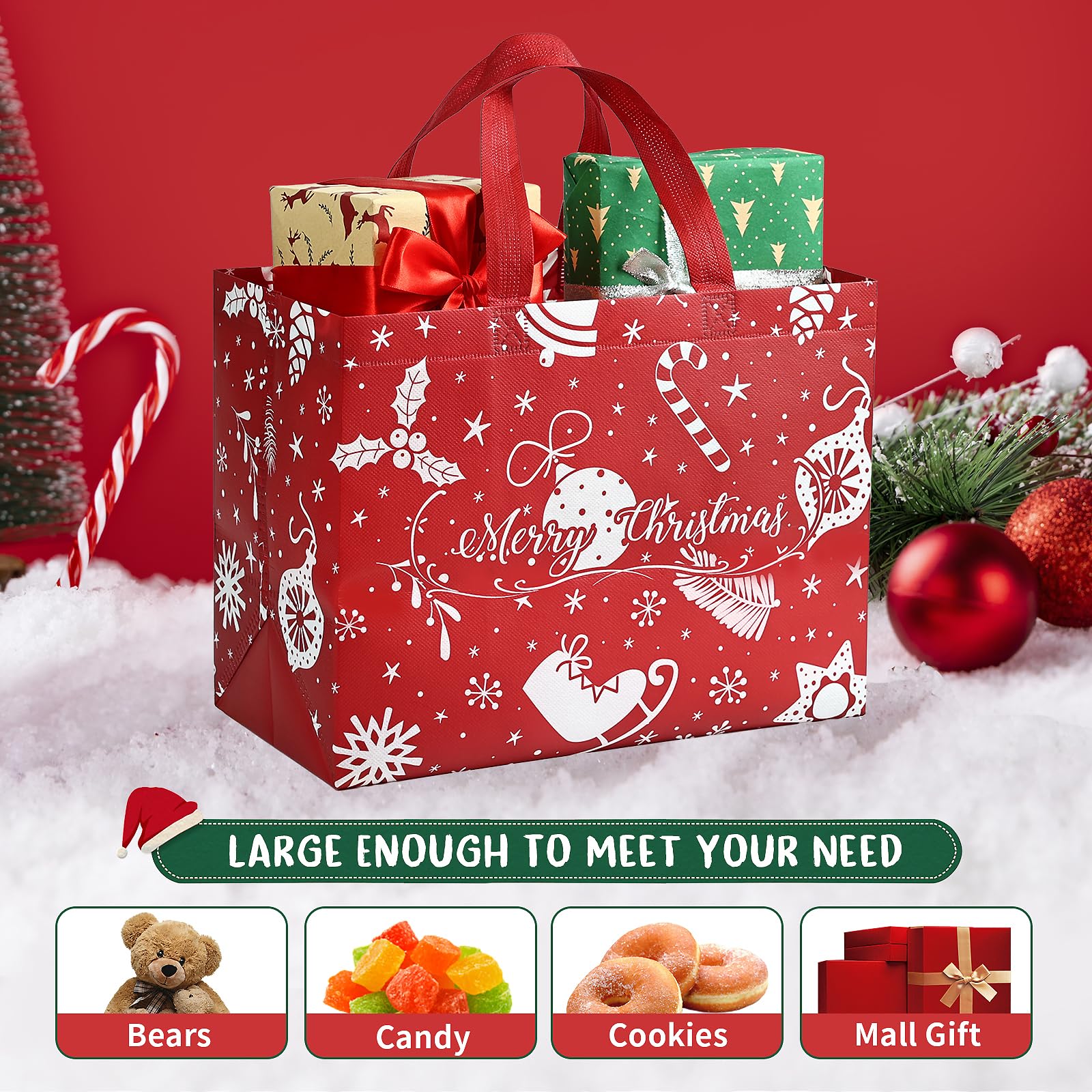 JMANNI 10 bolsas de Navidad multifuncionales no tejidas, envoltura de regalos, compras, suministros de fiesta de Navidad, 12.8 pulgadas, 9.8 pulgadas, 6.7 pulgadas