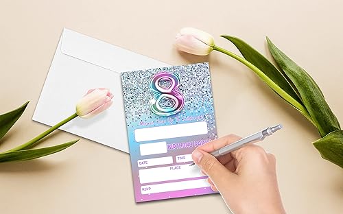 Miniatura 4 de Invitaciones de fiesta de cumpleaños número 8 para niñas o niños, decoraciones de fiesta de cumpleaños temáticas con purpurina plateada,