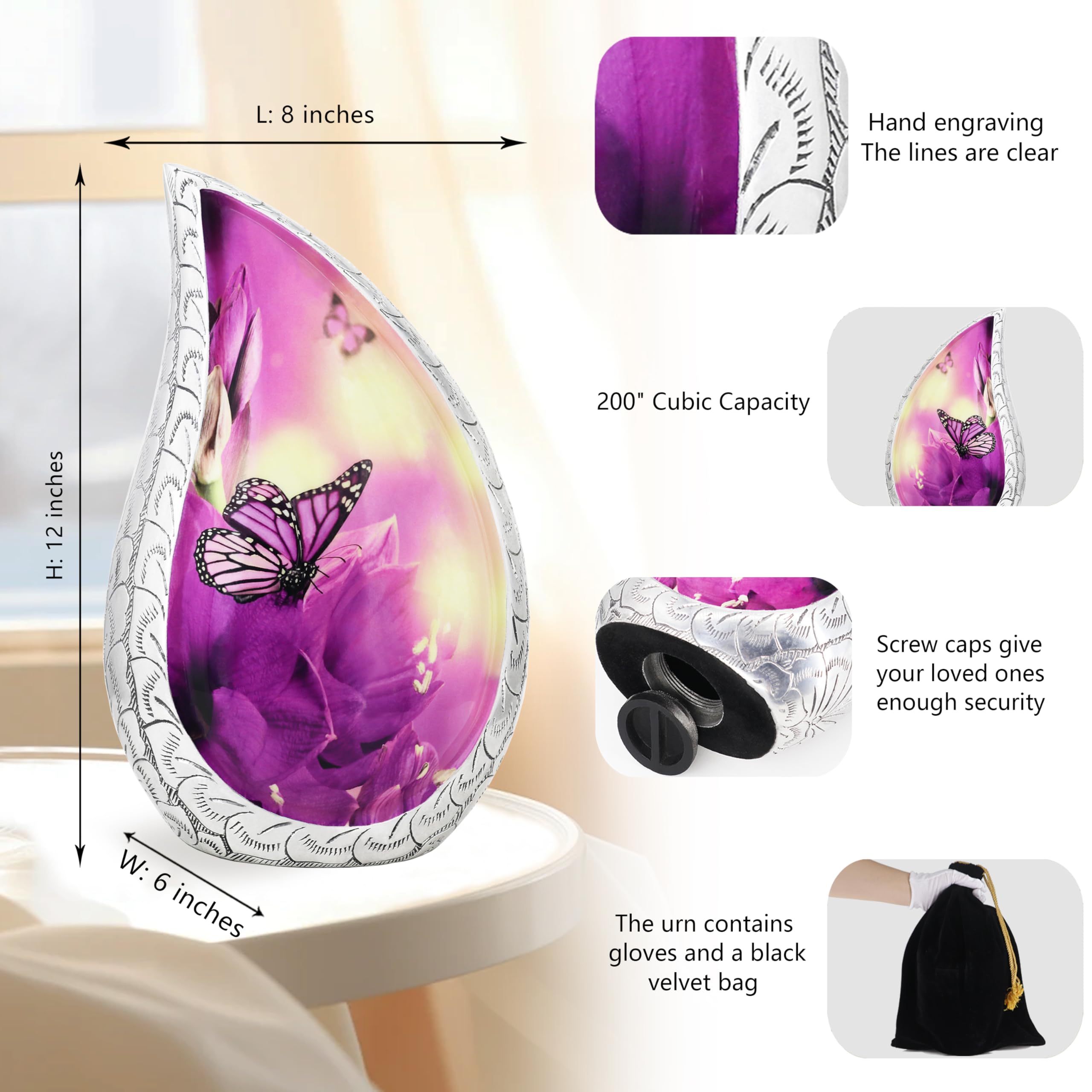 M MEILINXU Urne funéraire décorative en Forme de Papillon Violet pour Cendres humaines – À Afficher à la Maison ou à la Niche, urne en Forme de Goutte en Aluminium gravée pour Cendres Adultes, Femmes
