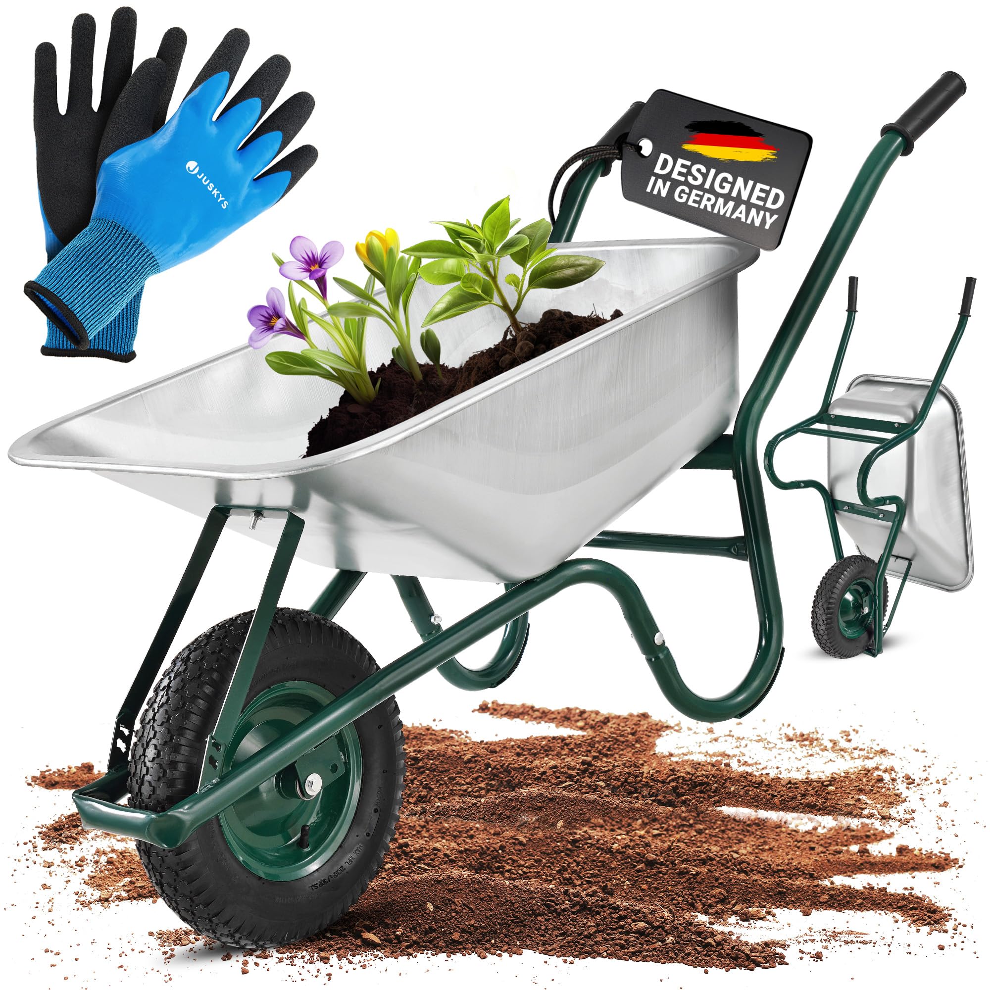 Juskys Carretilla de jardín | 100 litros de Volumen | 210 kg | Neumáticos con llanta metálica | Cubeta galvanizada | Carretilla de jardín Carretilla de Transporte