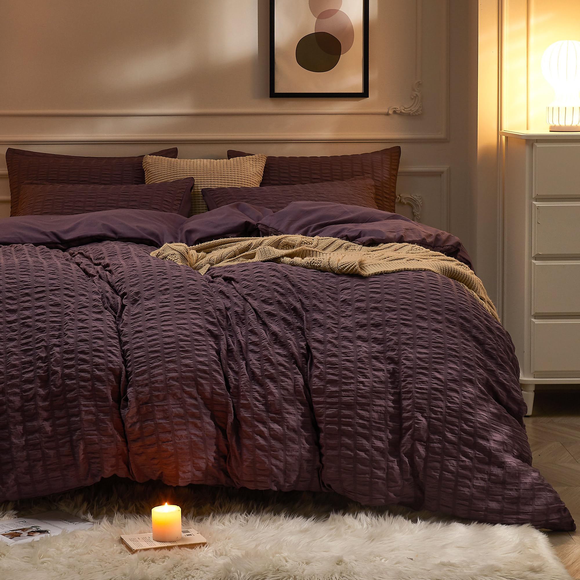Photo 1 of JELLYMONI Purple Duvet Cover King Size, 3pcs Washed Microfiber Bedding Set, Soft Breathable Seersucker Duvet Cover Set with Zipper Closure and Corner Ties for All Seasons