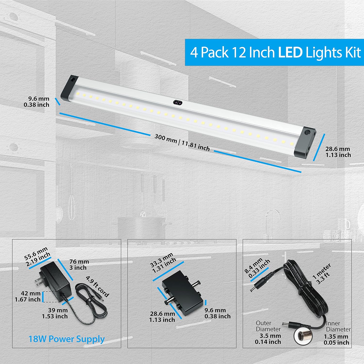 EShine Hand Wave Activated Under Cabinet LED Lighting Kit, Dimmable, 4-Pack 12 in - Touchless Dimming Control, Black Under Counter Lights for Kitchen, Garage, Shelf, Pantry - Cool White (6000K)
