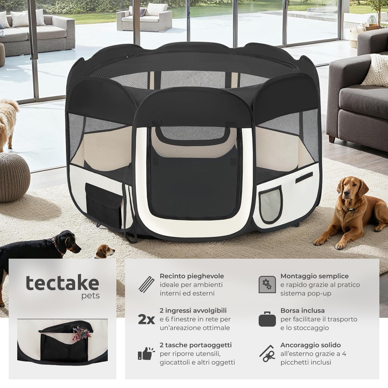 tectake® Box per Animali in Poliestere, Tenda Box per Cani, Recinto per Piccoli Animali, Struttura in Acciaio, Facile da Montare con Sistema Pop-Up, Borsa per Trasporto Inclusa - Nero