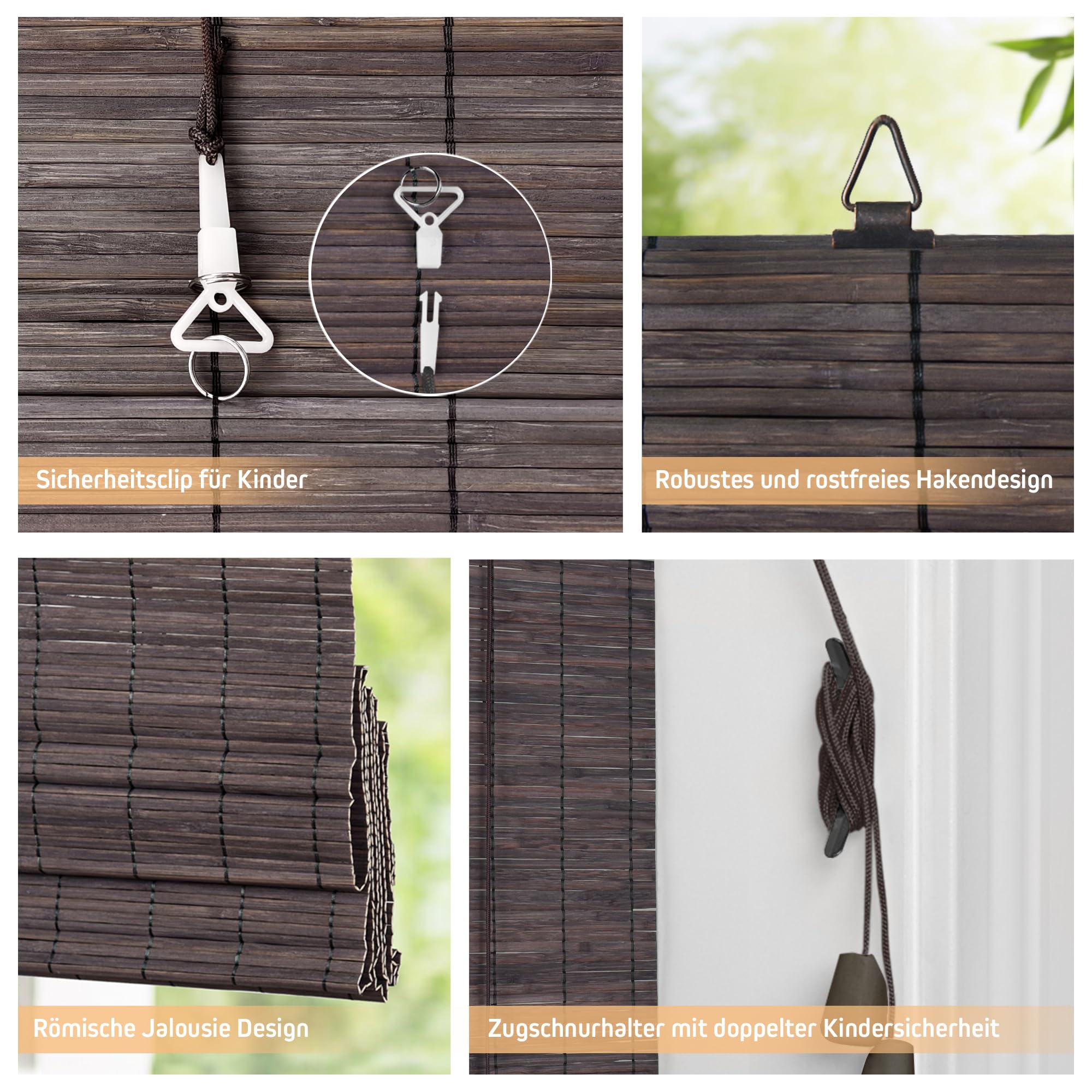 Victoria M. Store Bateau en Bambou, Protection Solaire Protection visuelle Store à enroulement à tirage latéral pour Fenêtres et Portes 130 x 160 cm, Marron Foncé