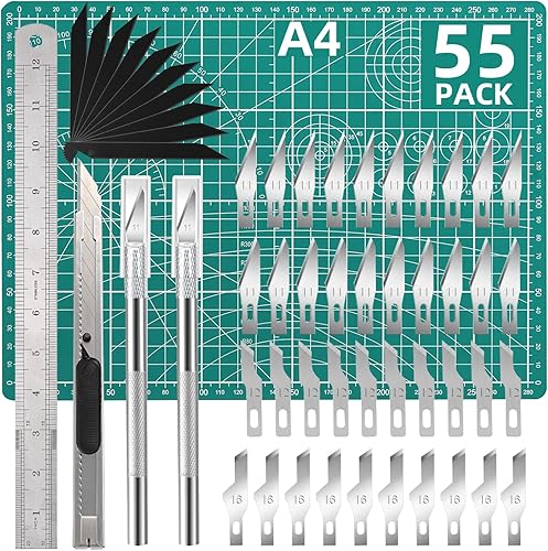 Exacto - Juego de cuchillos de corte para manualidades, 55 piezas de precisión para tallar artesanías, con alfombrilla autocurable A4, 3 cuchillos