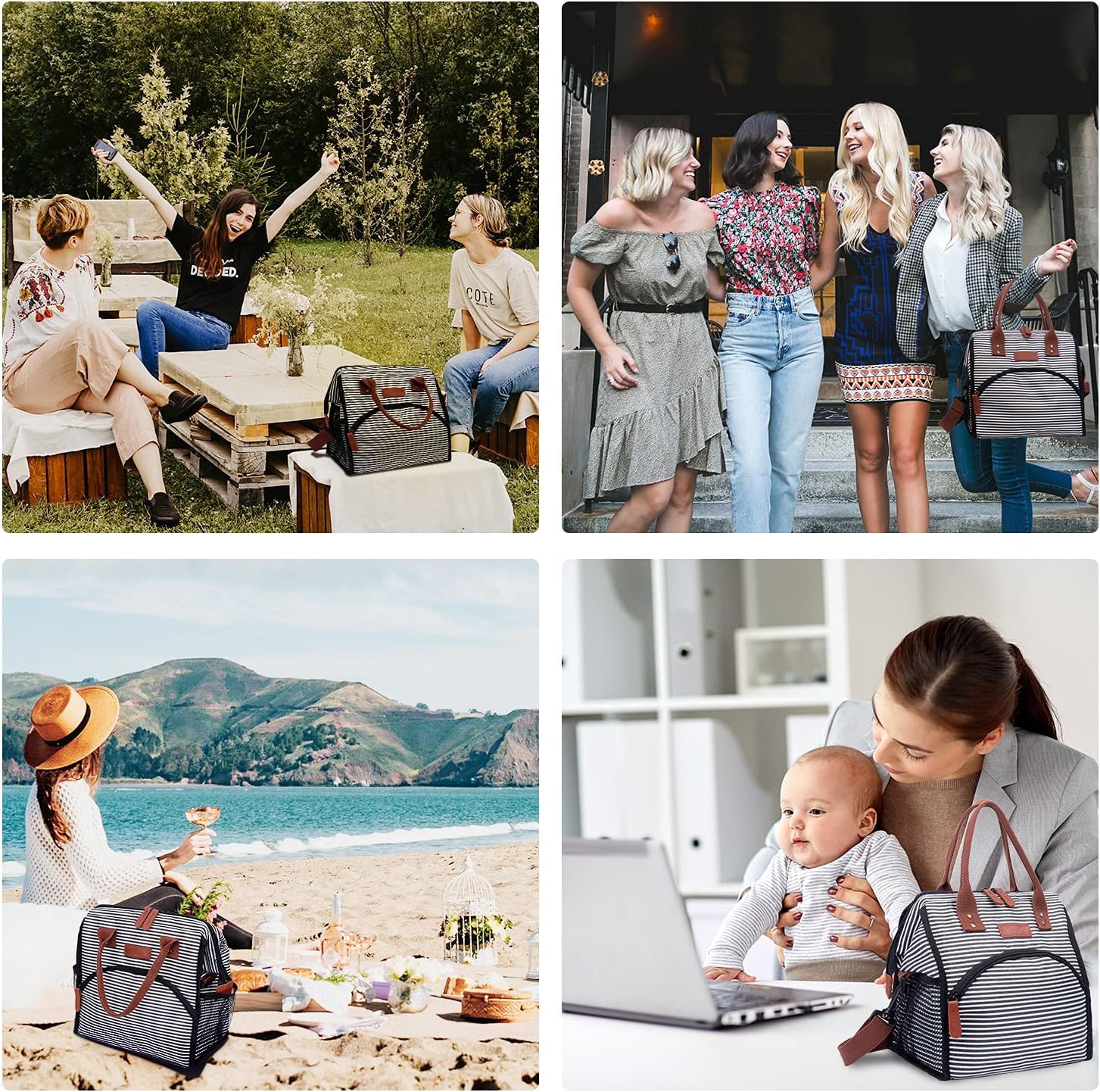 Kühltasche Lunchtasche Damen und Herren, 15L Kühlbox Thermotasche Wasserdicht und Auslaufsicher, Isoliertasche Cooler Bag Faltbar für Arbeit, Ausflügen, Picknick, Barbecue - Streifen
