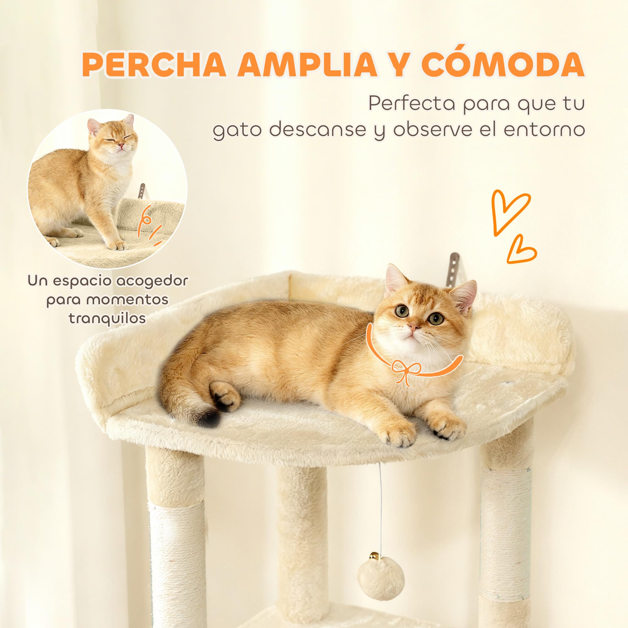 PawHut Árbol Rascador para Gatos Grande Torre de Escalada 170 cm Beige | Árbol para Gatos, 7 Postes, 1 Túnel, 3 Plataformas, 2 Cuevas, 1 Hamaca, 1 Percha, 1 Rampa, Pompones