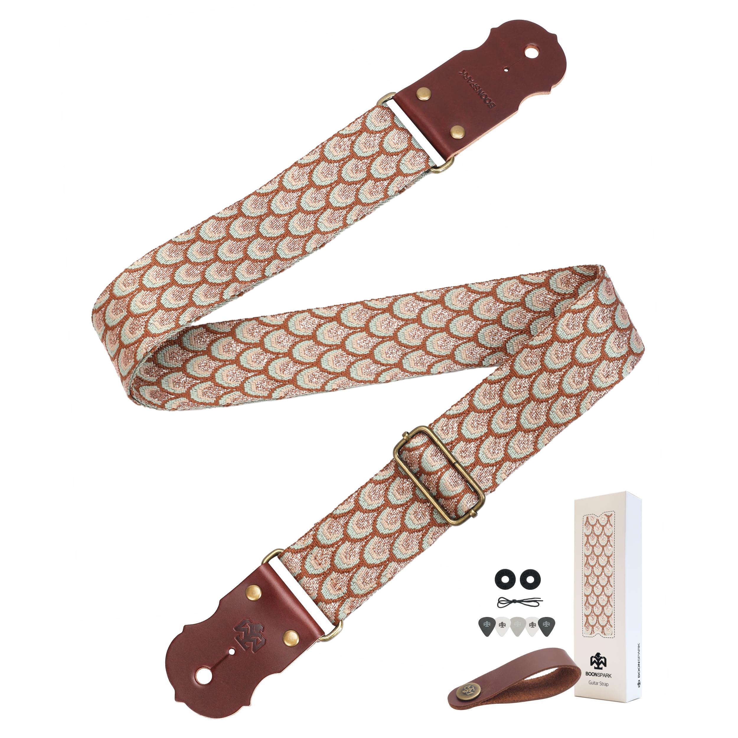 Peacock Eye Guitar Strap - Real Thick Cowhide Ends,Safe Durable,2in Wide Soft Jacquard Embroidered Cotton Adjustable Guitar Straps for Acoustic,Bass &amp; Electric Guitars,Guitarists Gift Set