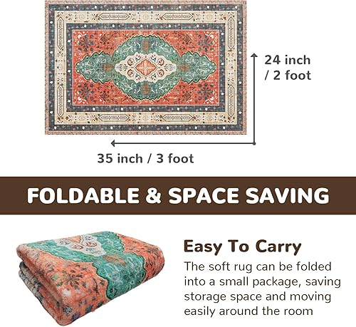 Miniatura 2 de Alfombra pequeña lavable de pelo bajo, 2 x 3, estilo bohemio, para entrada, oriental, antideslizante, no desprende pelusa, alfombra vintage con