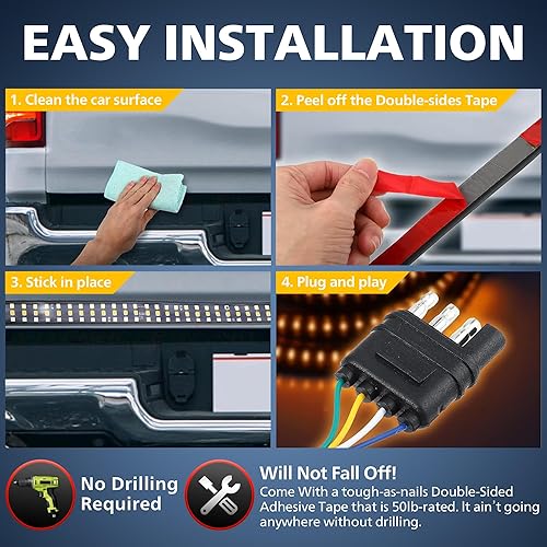 Miniatura 5 de 4WDKING Barra de luz para puerta trasera de camión, tira LED de triple fila de 60 pulgadas con freno rojo, señal de giro ámbar inversa blanca para