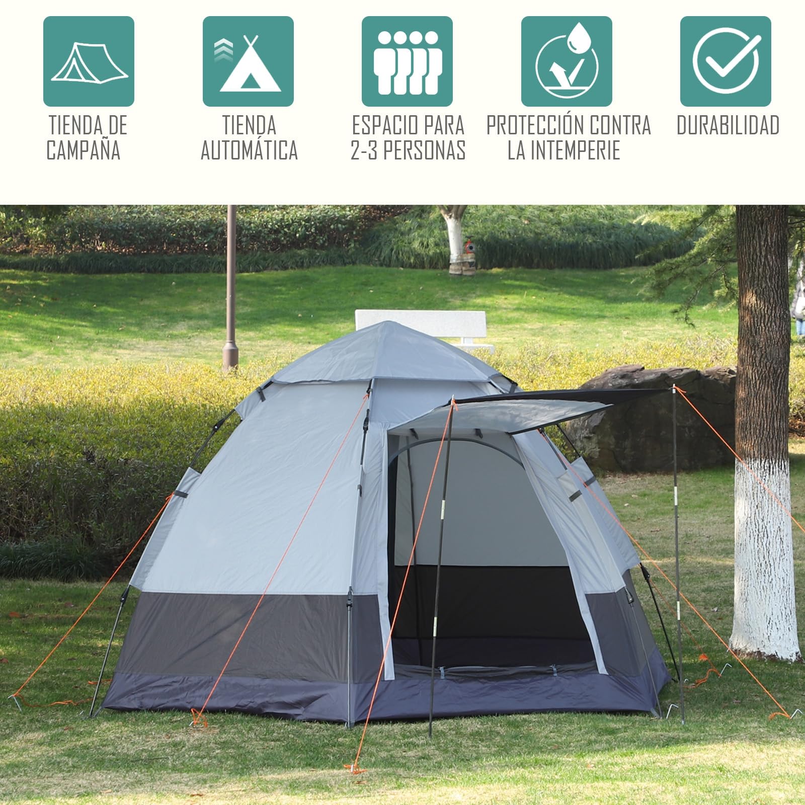 Outsunny Tienda de Campaña para 3-4 Personas Tienda de Camping Plegable con 2 Puertas Impermeable 3000+ Anti-UV Poste Automático Gancho y Bolsas para Senderismo Playa 260x260x150 cm Gris y Negro