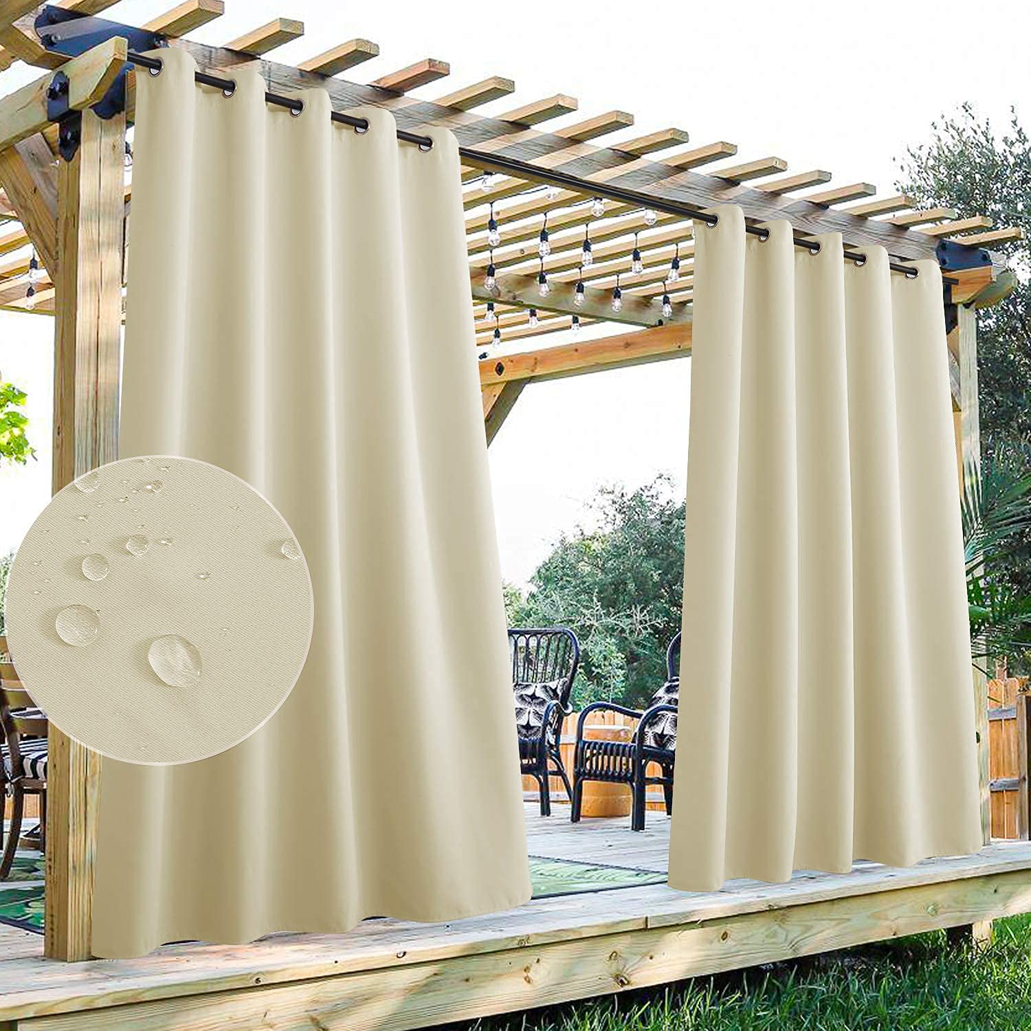 StangH Outdoor Curtains Extra Wide - Outdoor Waterproof Patio Curtains Grommet Top Blackout Thermal Insulated Drapes for Pergola/Sunroom, Natural Beige, 70 Width x 95 Length, 1 Panel