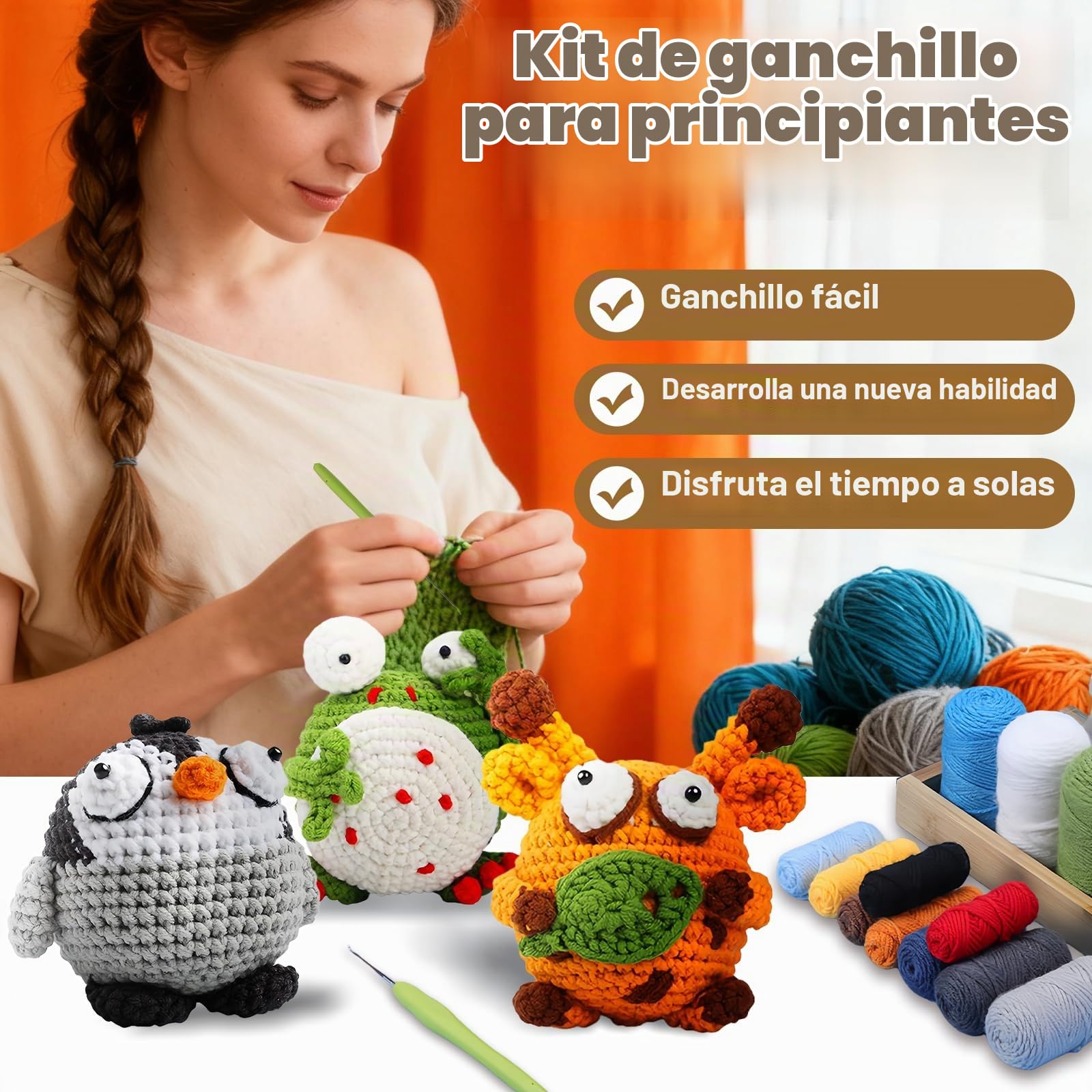 Welhammsae Kit de Ganchillo para Principiantes, Amigurumi Kit de Crochet de Animales para Principiantes con Instrucciones en Video Paso a Paso, DIY Manualidades Set Adultos-Jirafa-Rana-Búho-Pingüino