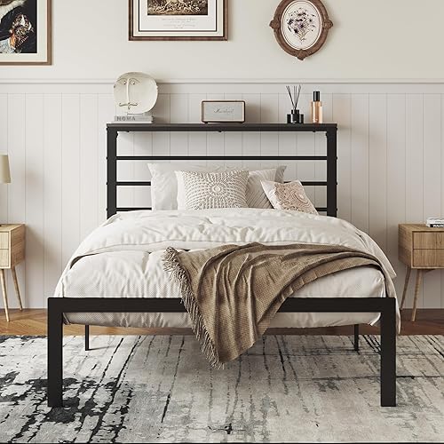 Miniatura 7 de MUTICOR Base de cama individual con cabecera de estante, estructura de marco de cama de plataforma de metal resistente, no necesita somier, fácil