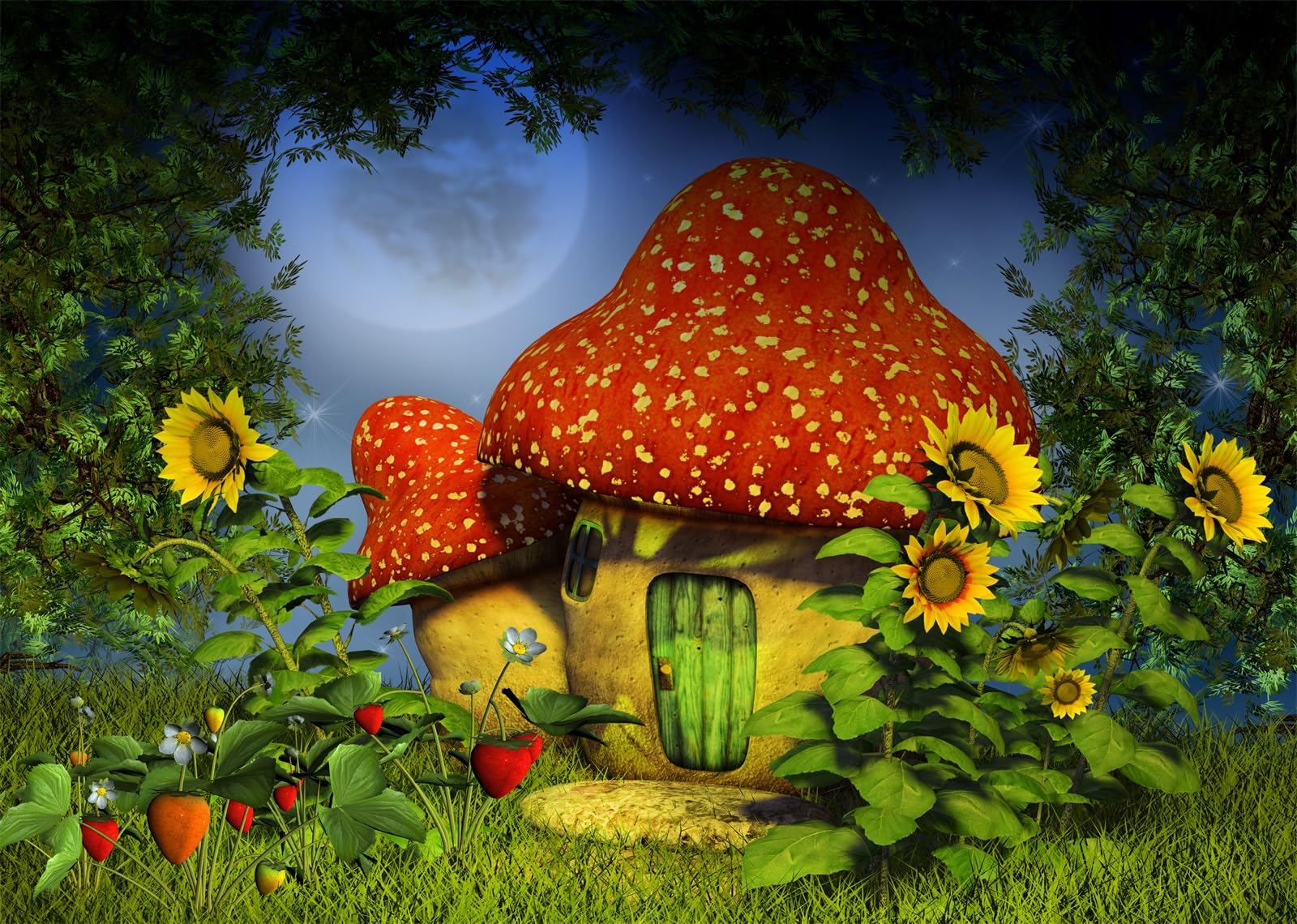 Tela 5,2x3m (17x10FT) Fondo Casa Hongo Hadas Bosque Encantado Girasoles para Cumpleaños Fantasía Niños Niñas