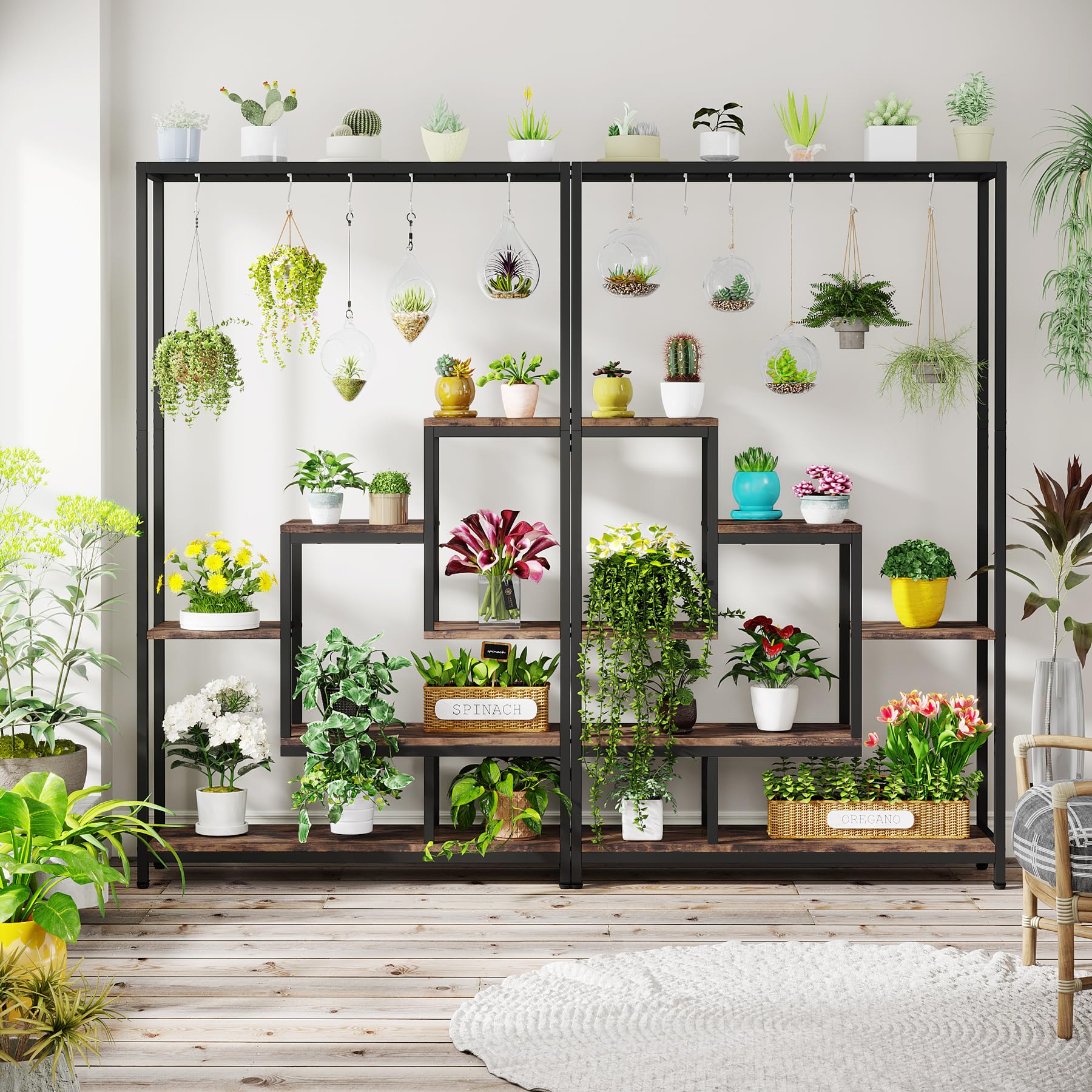 Tribesigns Pflanzenständer Blumenständer indoor 5 Etagen Pflanzenregal mit 10 S-Haken, 180 cm Blumenregal Metall für Balkon Deko Garten Blumentreppe Wohzimmer (Braun)