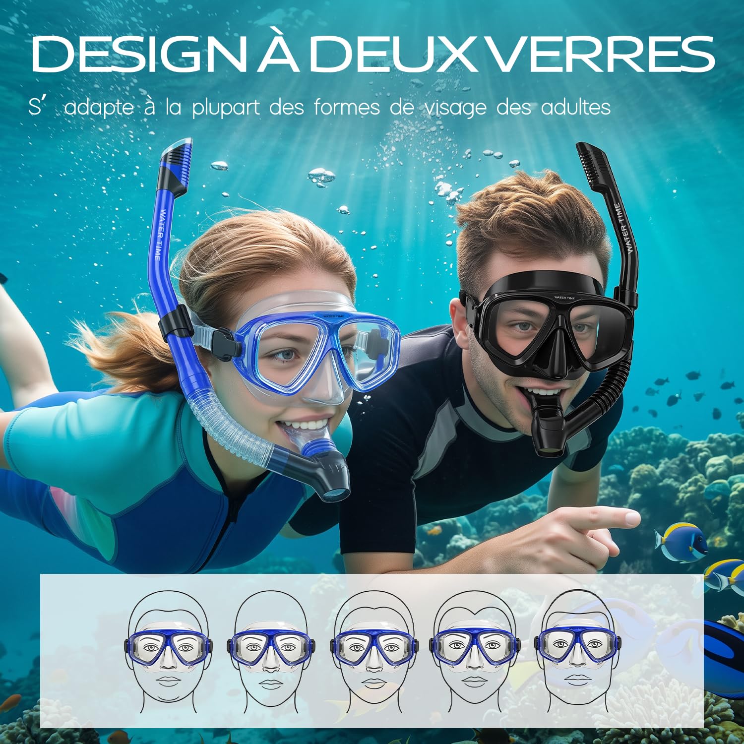 Set de Snorkeling pour Adultes – Masque en Verre Trempé, Tuba Sec avec Valve de Purge, Anti-Buée, Étanchéité Confortable dès 12 Ans