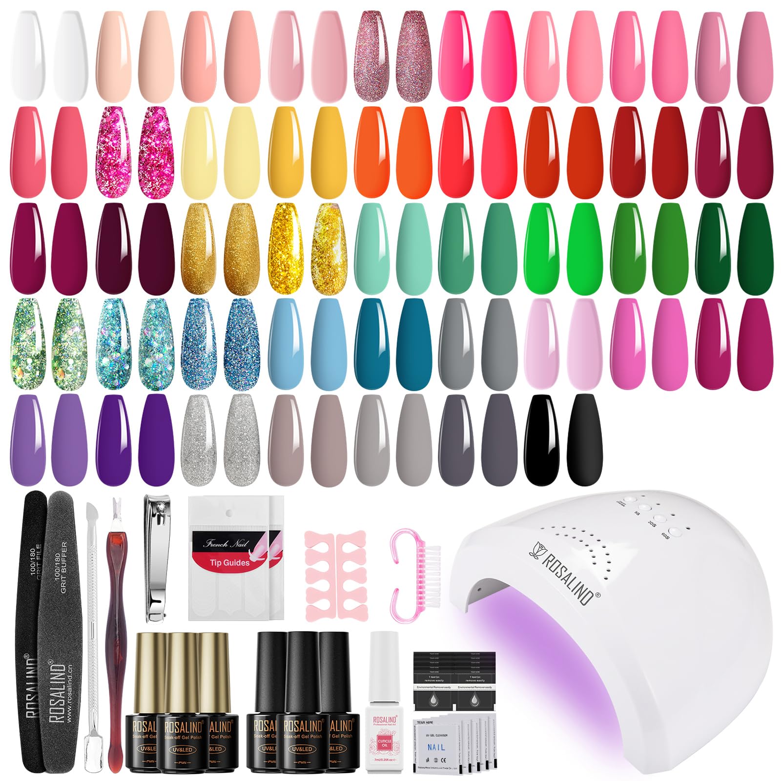 ROSALIND Kit Uñas Semipermanentes, Esmaltes Semipermanentes Kit Completo, 43 Colores Kit Uñas de Gel con 48W Lámpara Uñas UV LED, Base y Top Coat, Accesorios para Manicura