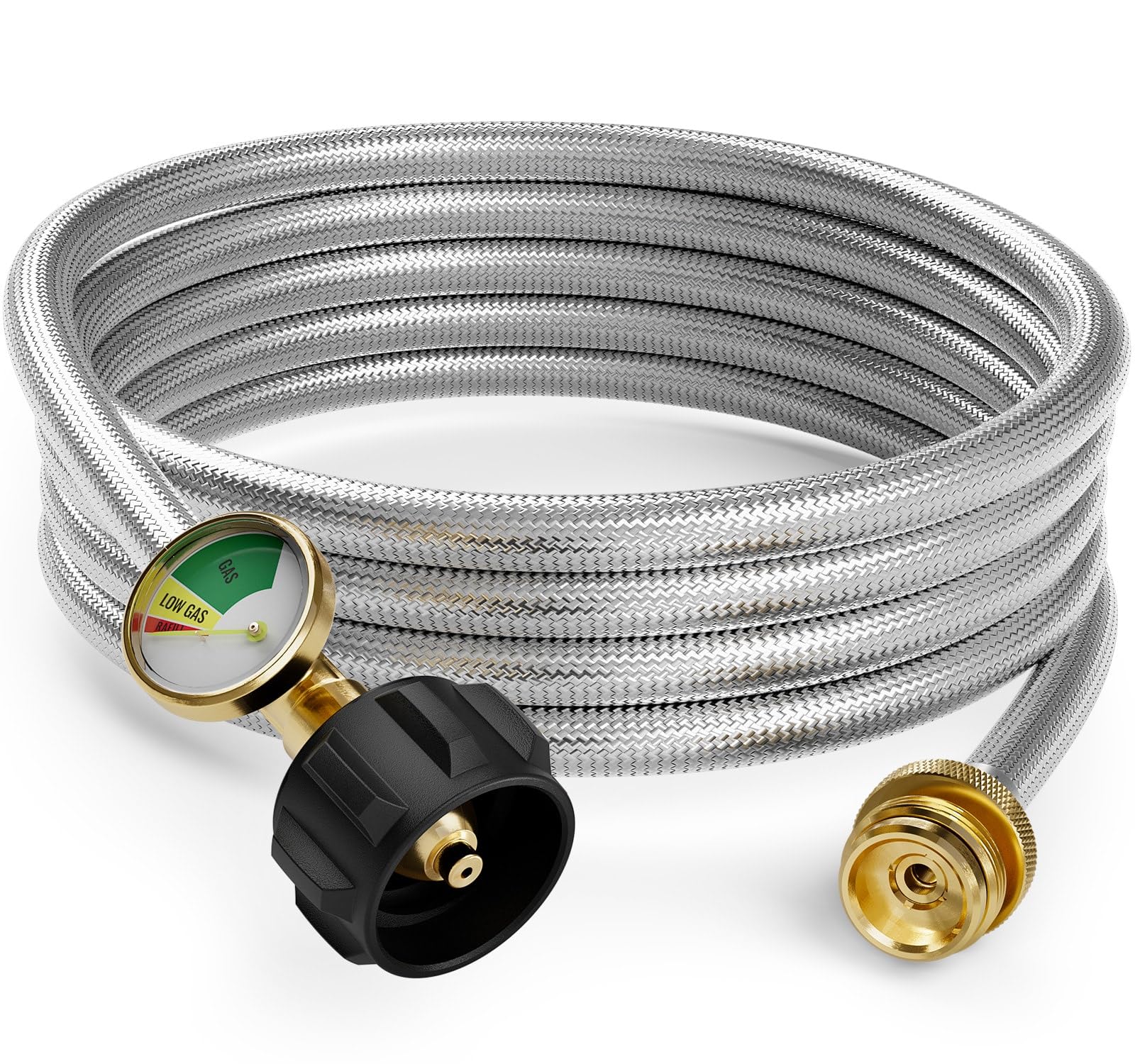 NUPICK 12FT Propane Hose with Gauge, Propane Hose Adapter 1lb to 20lb, Stainless Steel Propane Adapter Hose for Buddy Heater, Weber Q, Coleman Camping