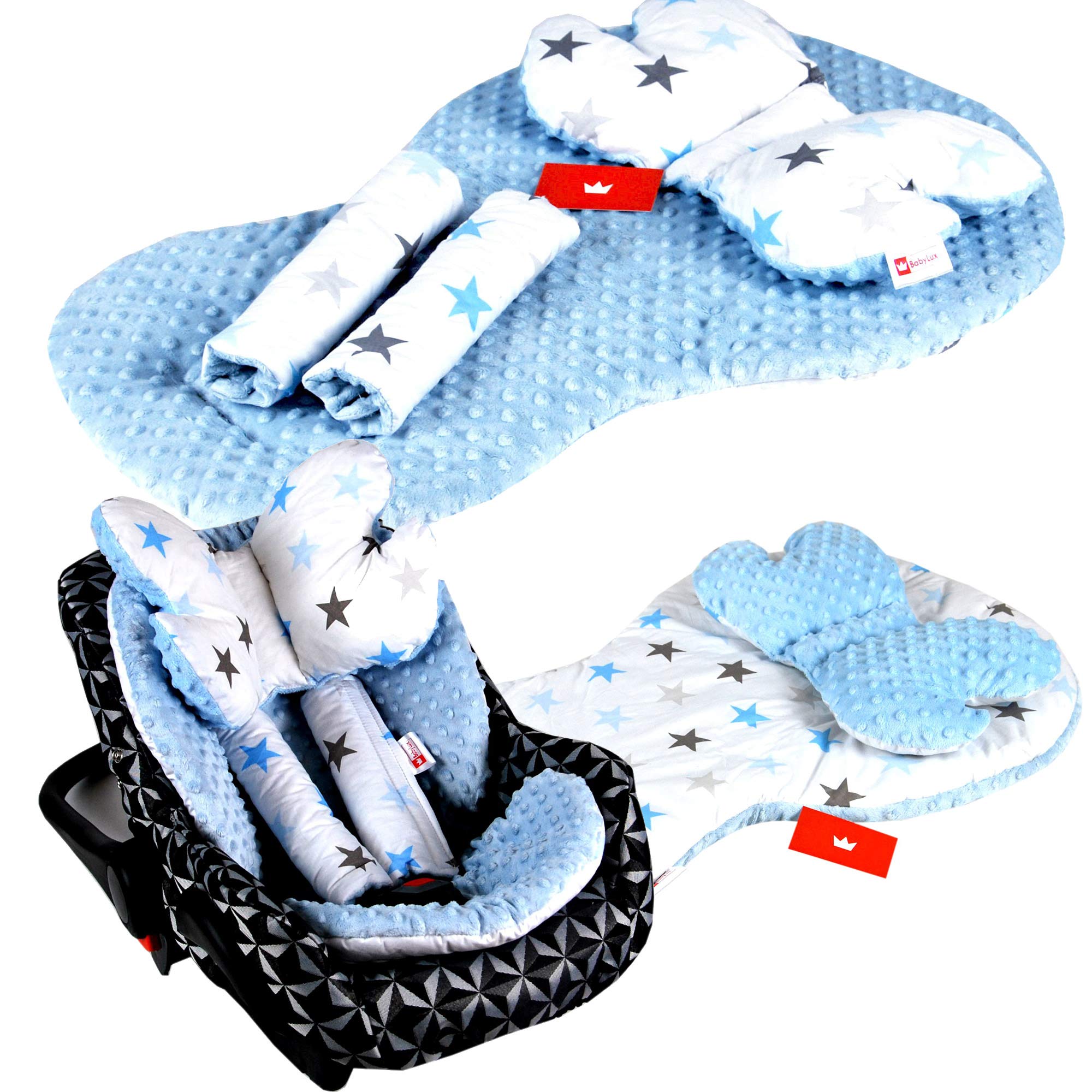 BABYLUX Kinderwagen SITZAUFLAGE Kissen Gurtschoner f. Buggy Autoschale Einlage (4. Blau + Sterne, 3 Tlg Sitzauflage + Kissen + Gurtpolster)