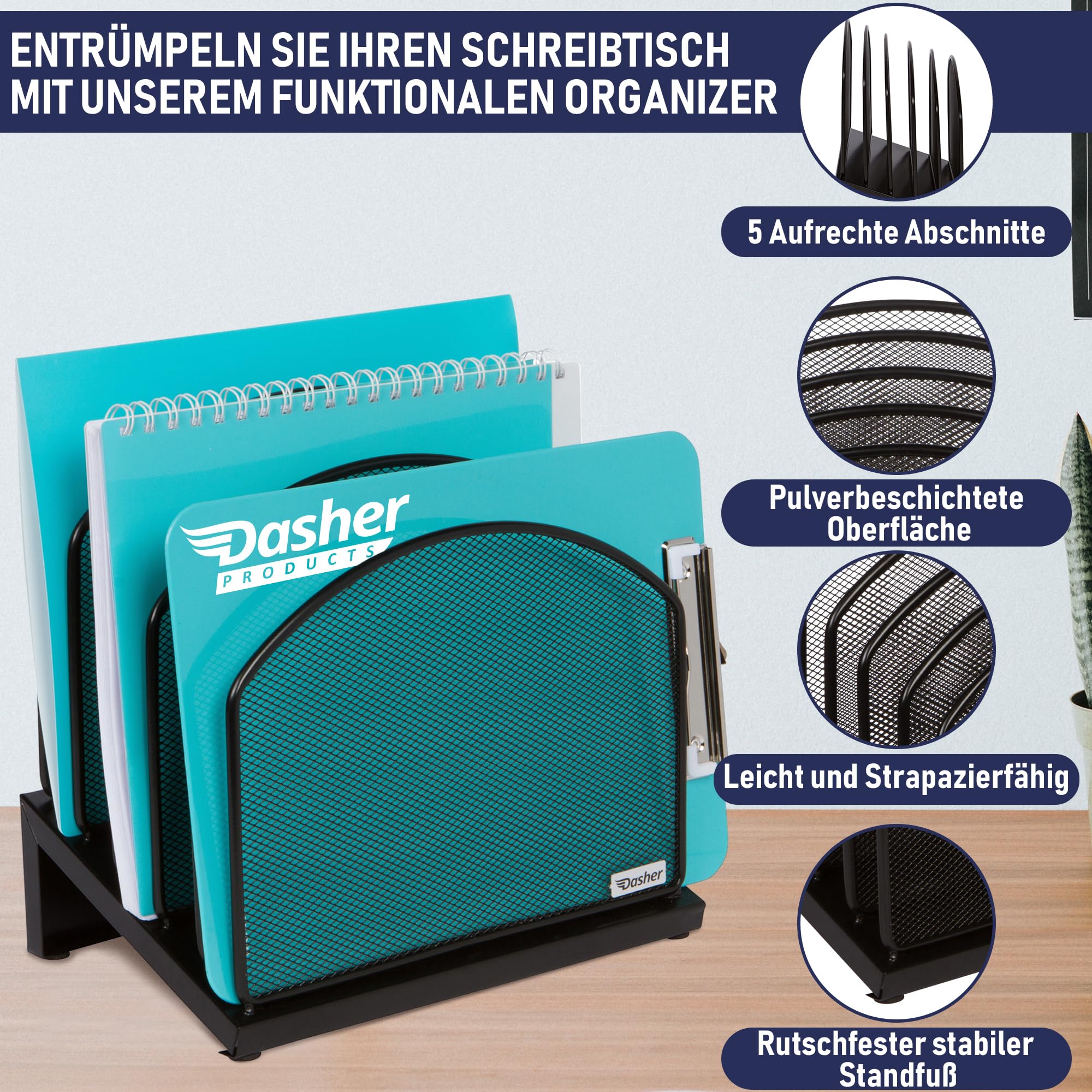 Dasher Products Inclined File Sorter Desk Organizer - Dateirack mit 5 aufrechten Abschnitten für Dateien, Ordner, Ordner für Zuhause, Büro, Schule und Geschäft