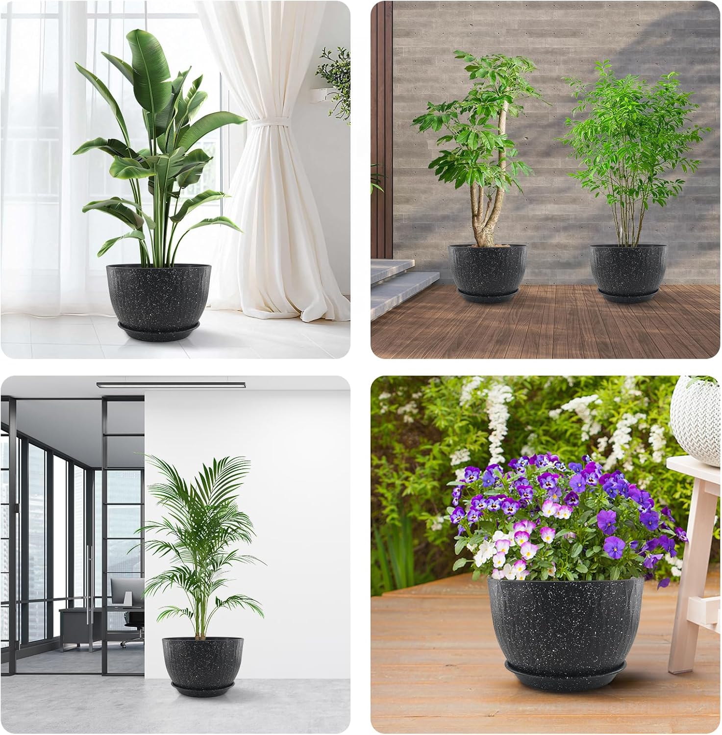 12 inch Large Plant Pots, Flower Pots with Multi-Mesh Drainage Holes and Saucer, Plastic Planters for Indoor and Outdoor Garden Plants (Speckled Black, 12")