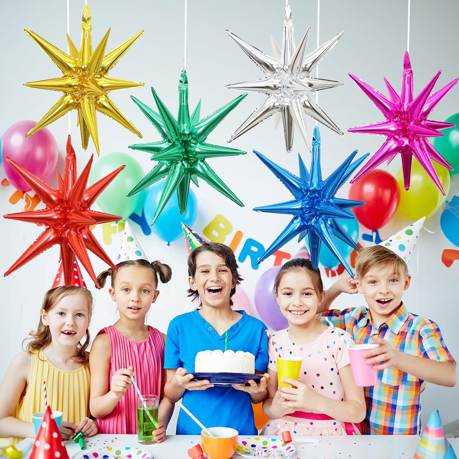 HILAVO 6PCS Star Balloons, 22Inch Large Colorful Star Balloon Foil Balloons Spike Cone Balloon for Birthday Graduation Anniversary Christmas New Year Party Decorations