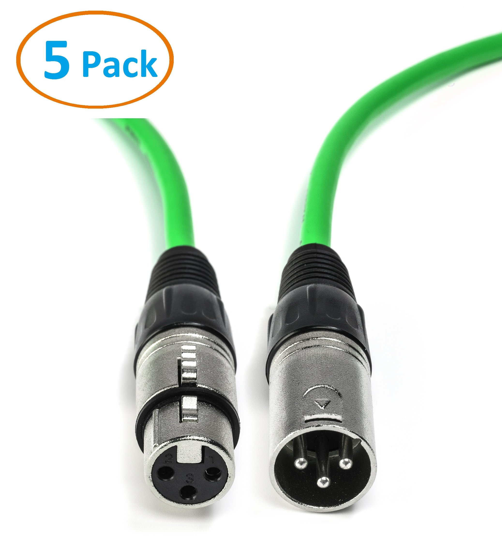 Aurum Ultra Series XLR Audio Cable Pack of 5 - 3 Pin Male to Female Microphone and Audio Cable 3 ft - 5 Pack, Green